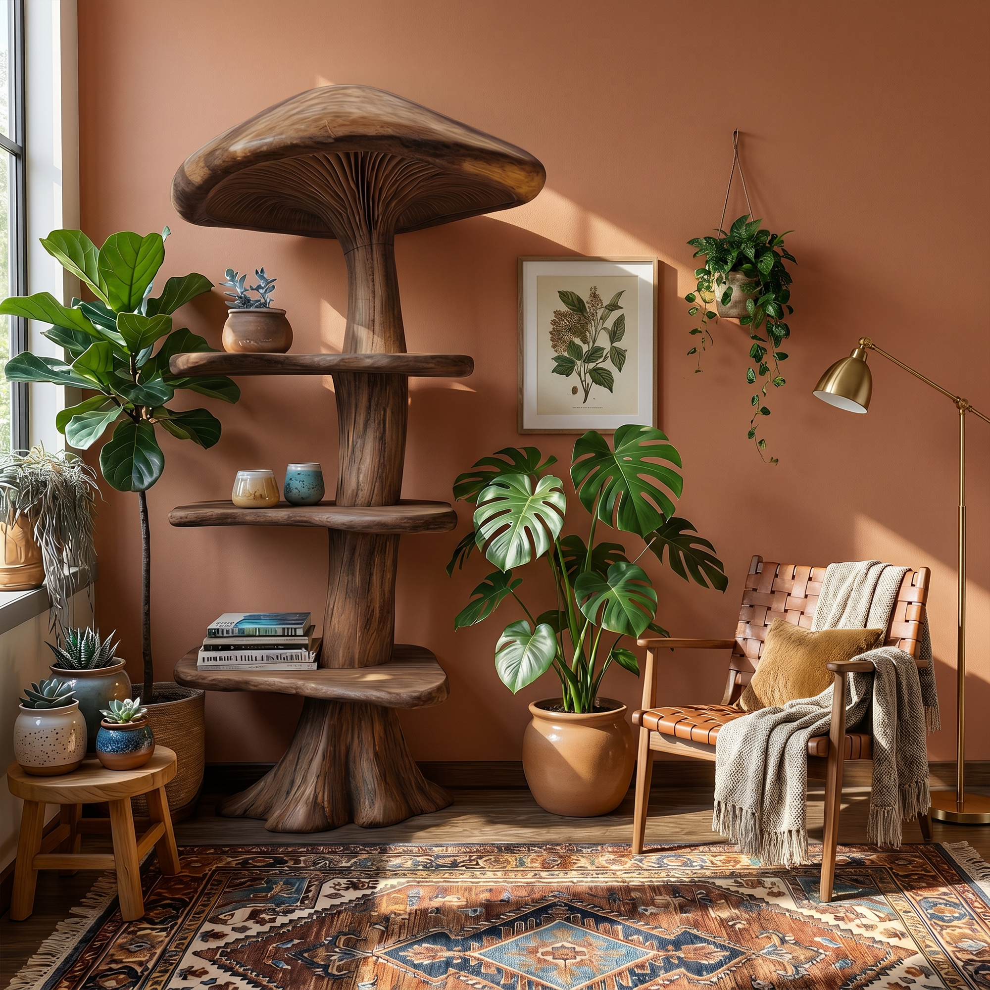 Organic Mushroom Bookshelf With Handcrafted Solid Wood Shelves For Living Room