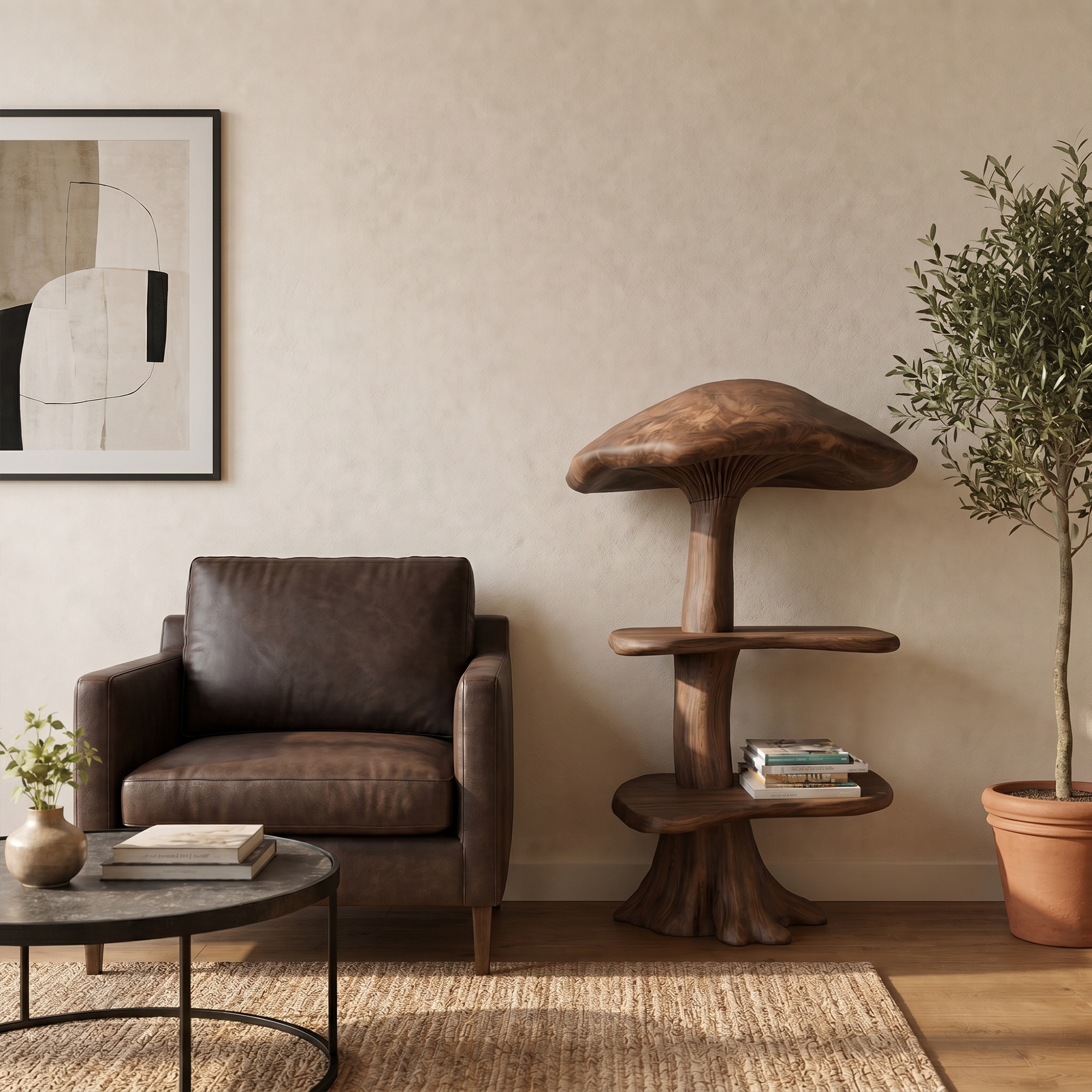Organic Mushroom Display Bookshelf With Solid Wood Shelving For Living Room