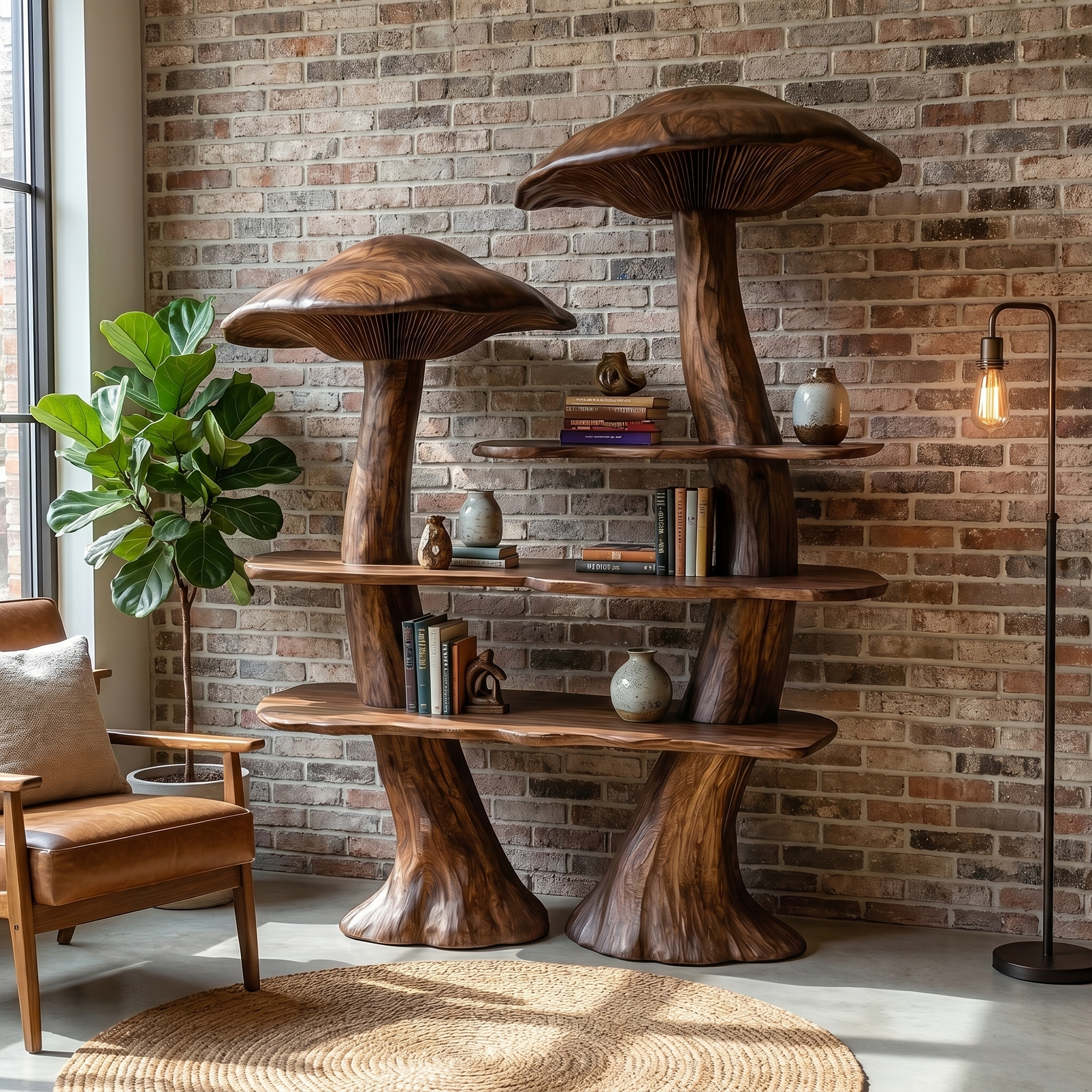 Rustic Mushroom Bookshelf With Tree Trunk Base And Solid Wood Shelves For Living Room