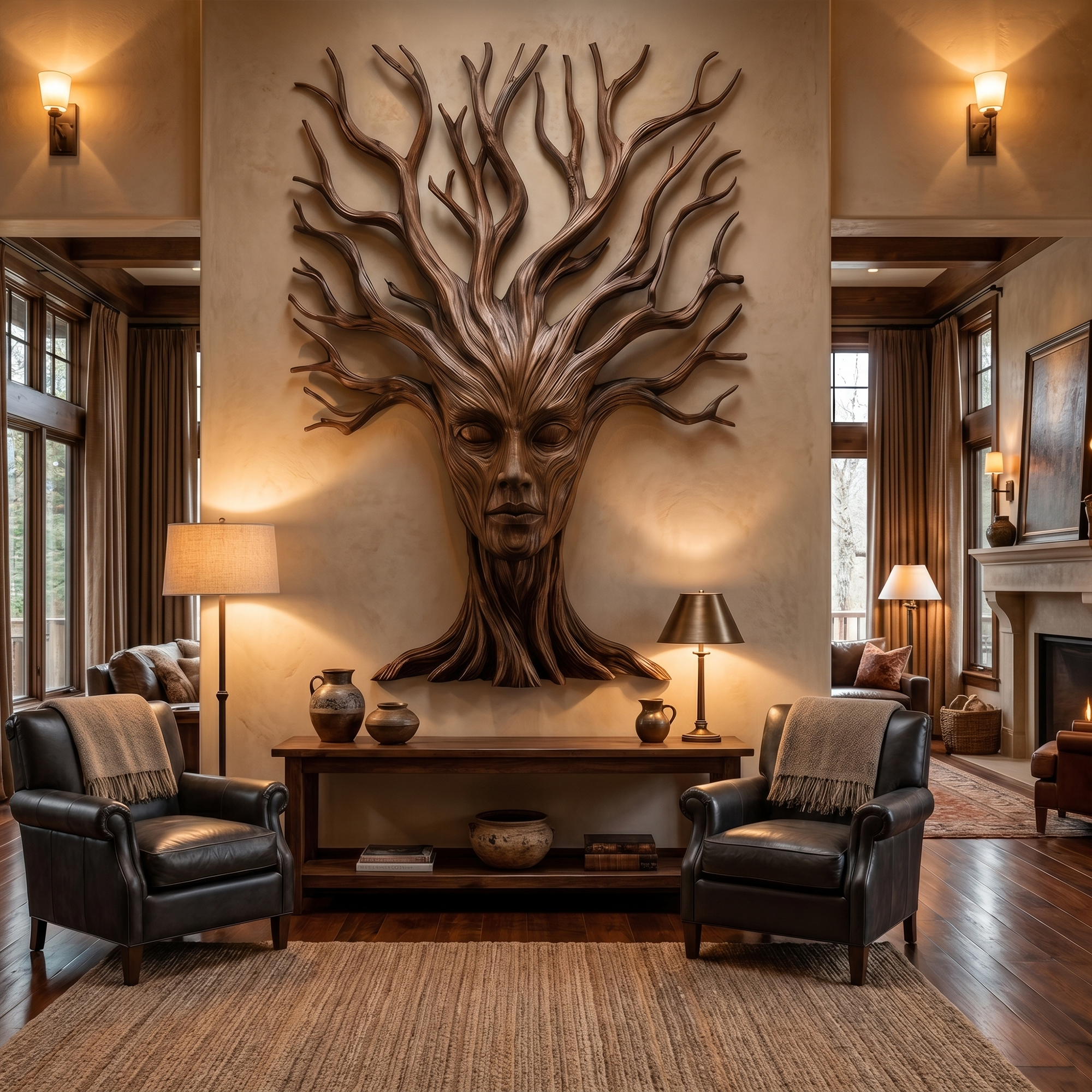 Mystical Tree Spirit Wooden Wall Art With Sculptural Face Design For Entryway And Living Room