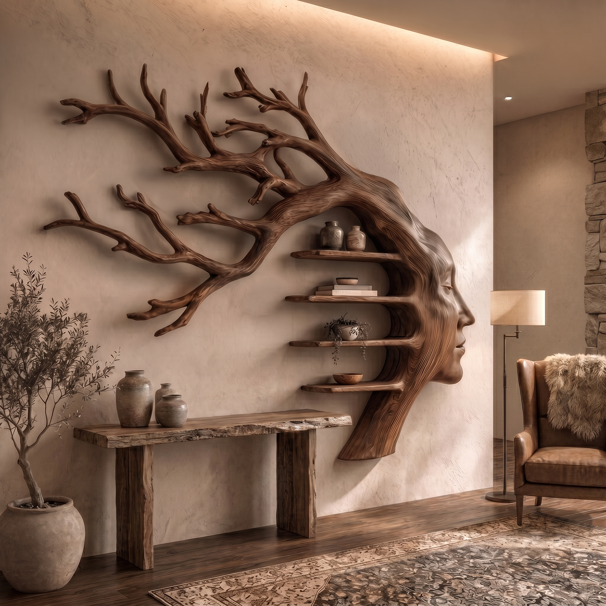 Rustic Tree Branch Wooden Wall Art With Floating Shelves For Living Room And Entryway