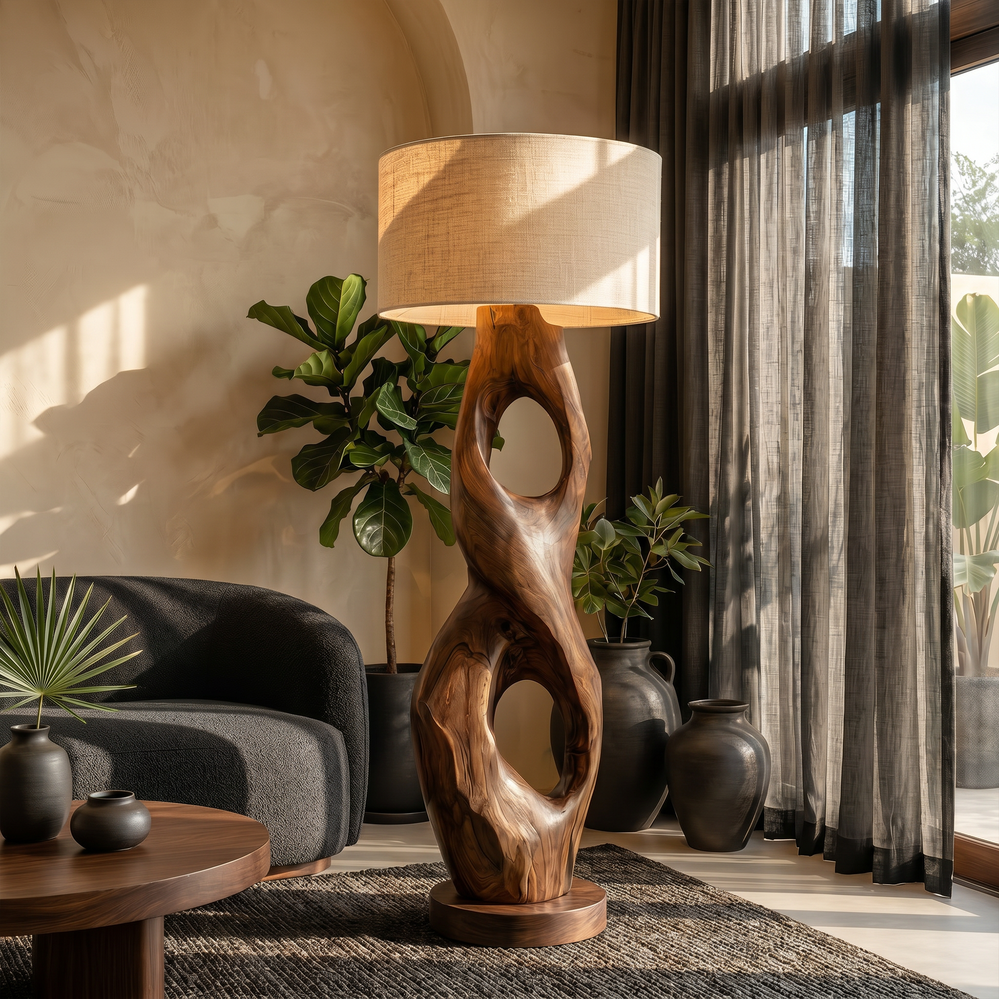 Rustic Floor Lamp With Handcrafted Hollow Wood Sculpture Base For Living Room