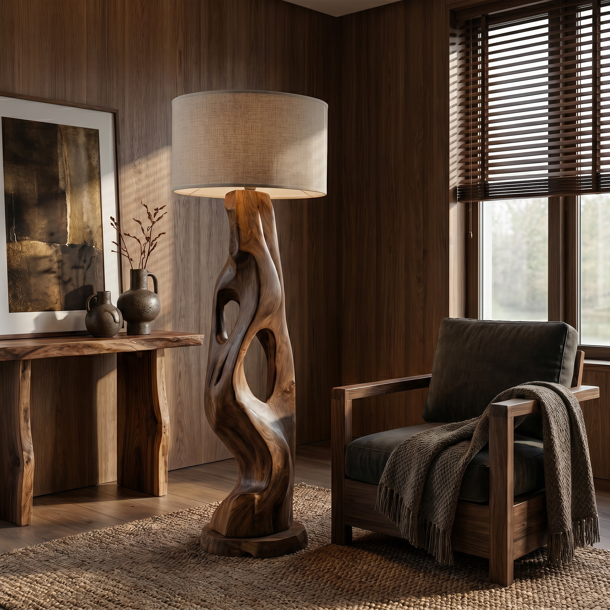 Organic Modern Standing Lamp With Artistic Solid Wood Base For Living Room