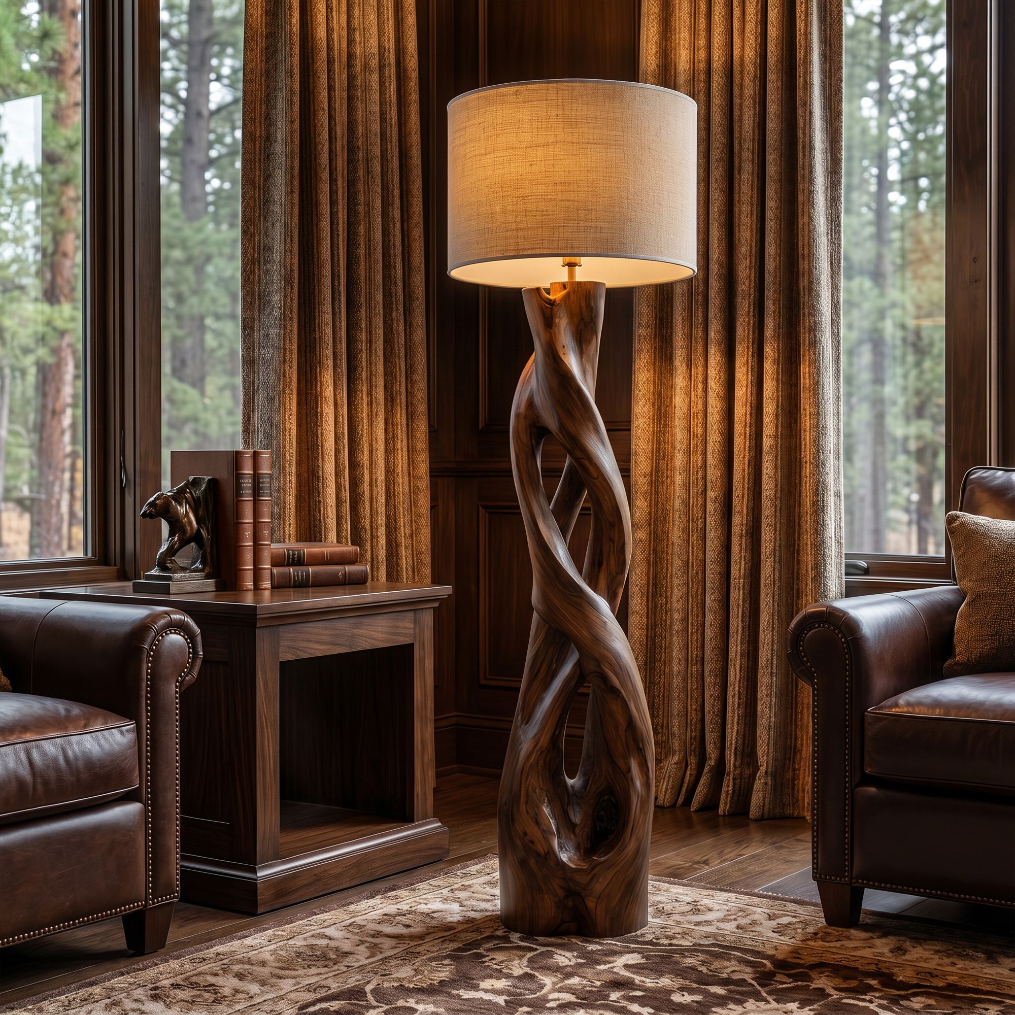Nature Inspired Floor Lamp With Sculptural Wood Form And Fabric Shade For Living Room
