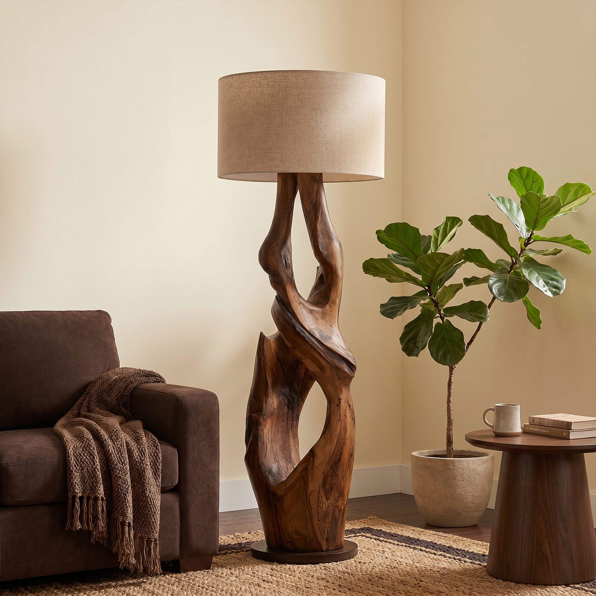 Contemporary Organic Floor Lamp With Artistic Hollow Wood Structure For Living Room