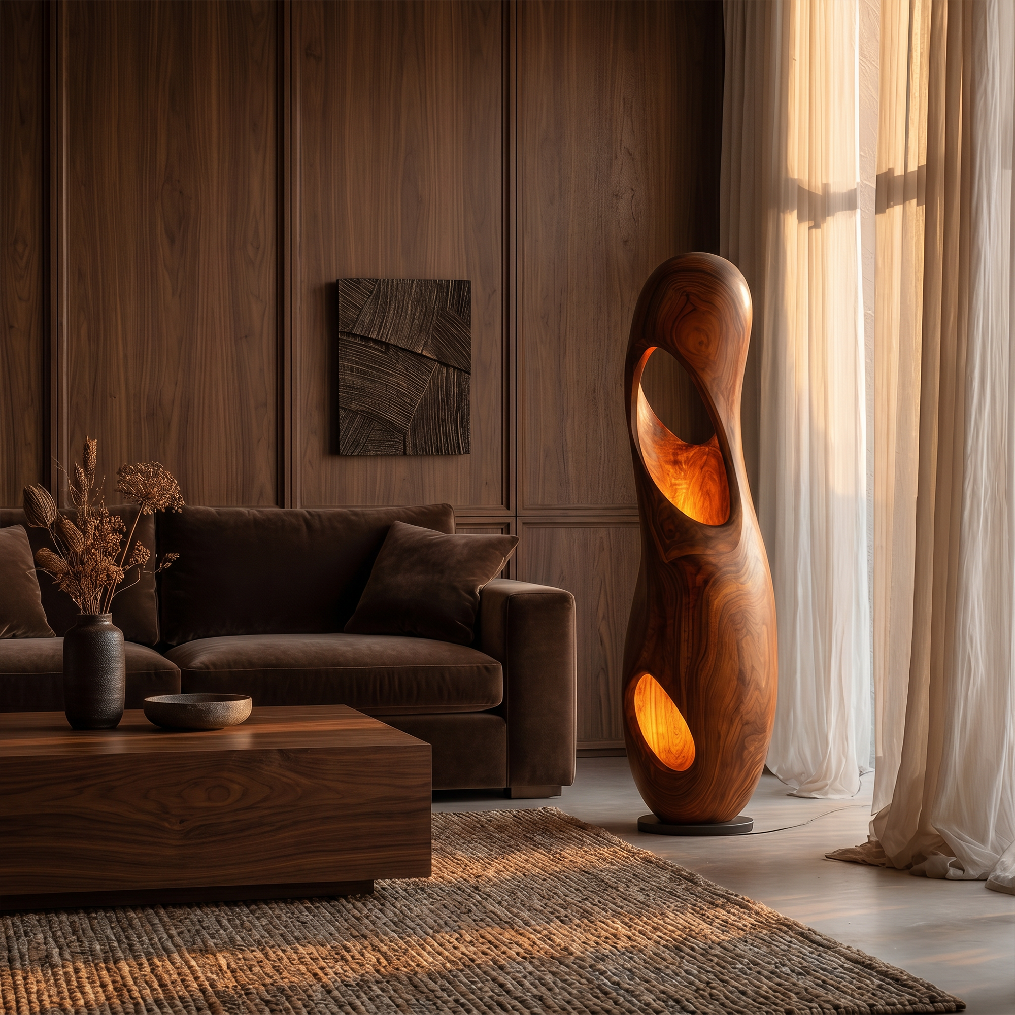 Organic Floor Lamp With Sculptural Hollow Wood Tower Design For Living Room