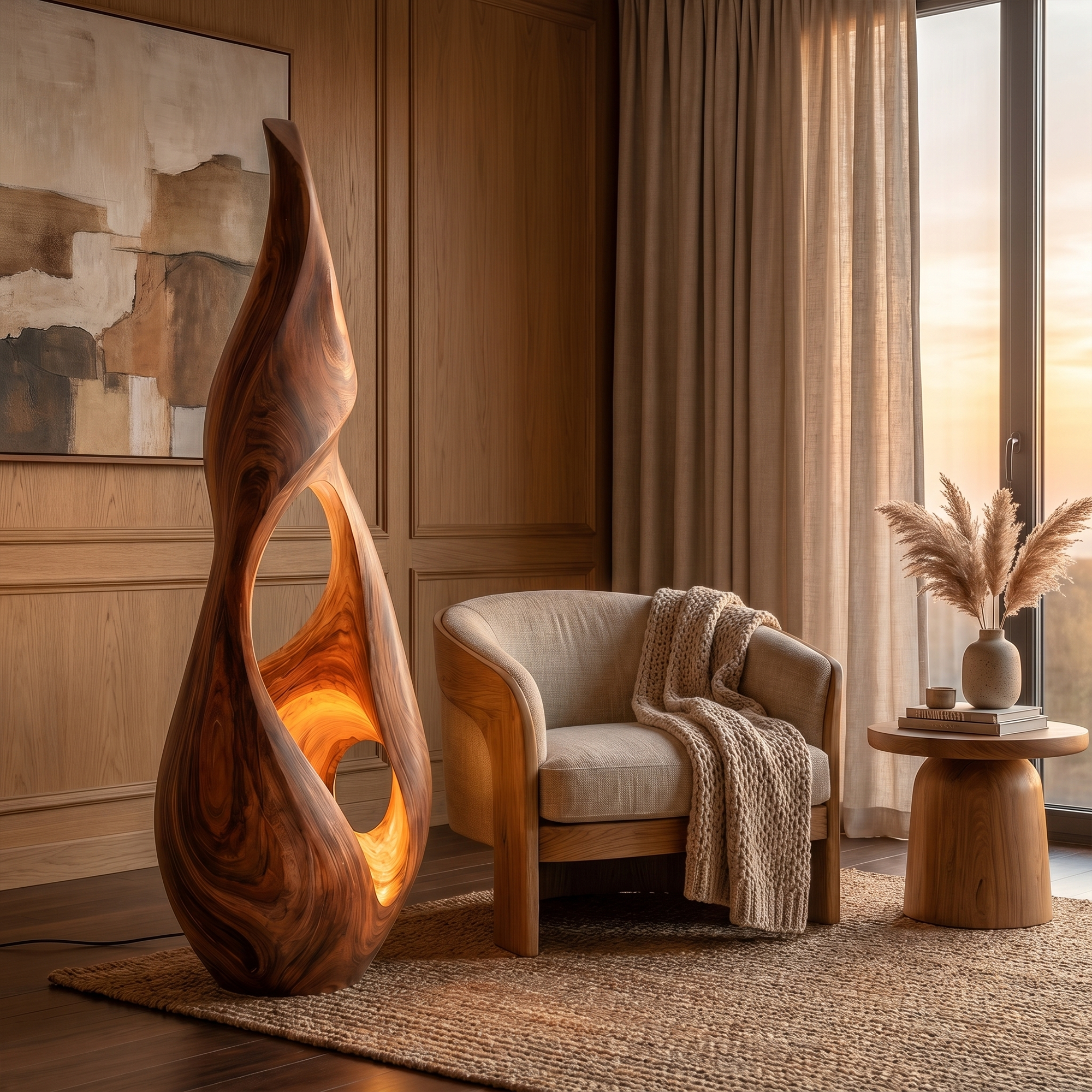 Nature Inspired Floor Lamp With Sculptural Solid Wood Form For Living Room
