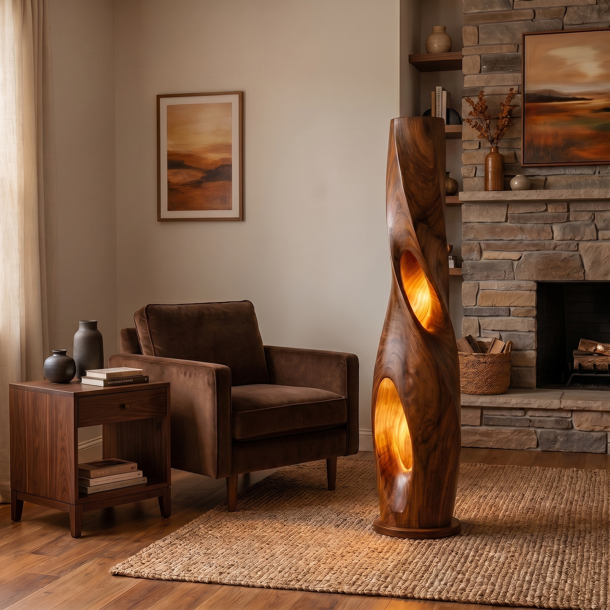 Modern Sculptural Floor Lamp With Hollow Solid Wood Design For Living Room
