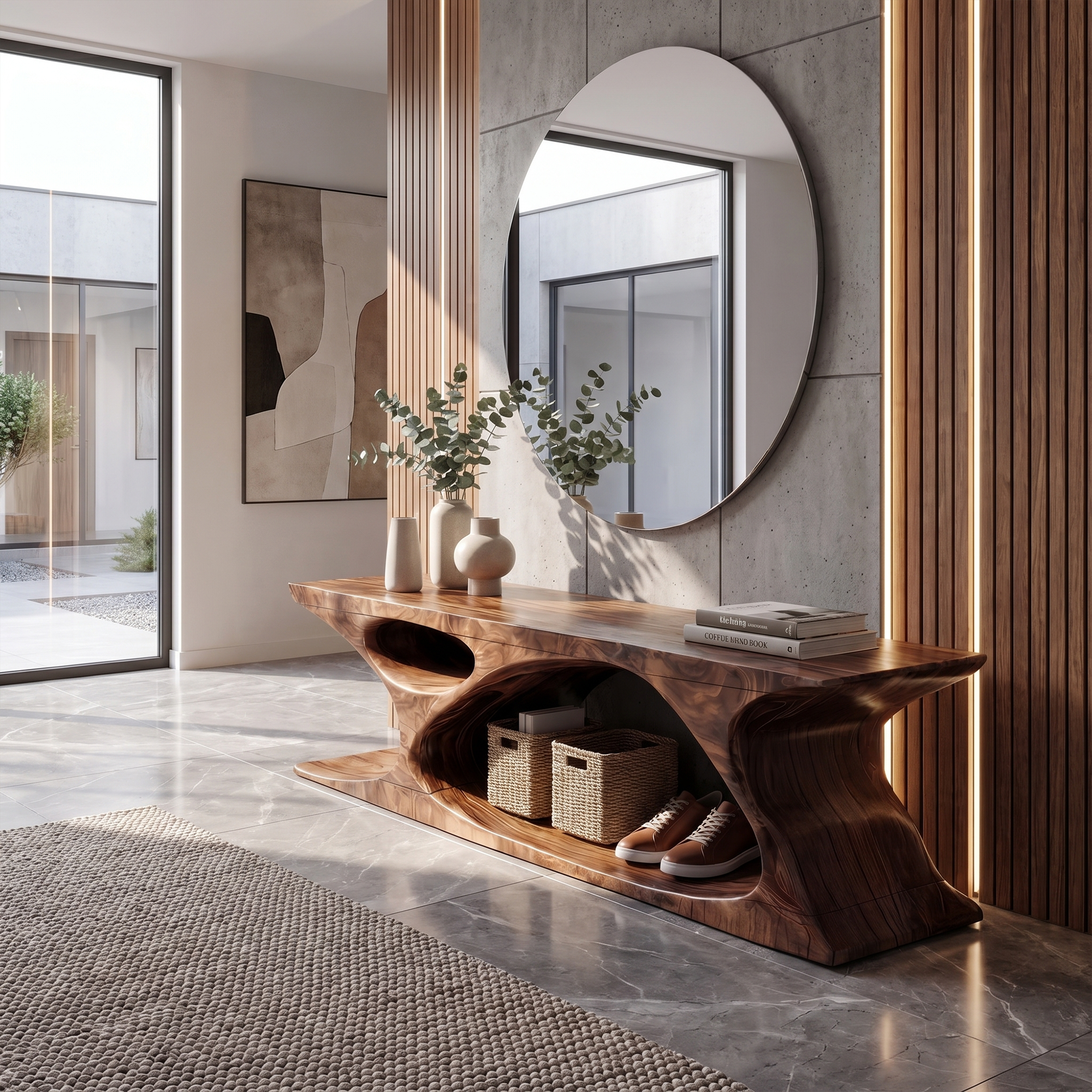 Modern Bench With Sculptural Open Base And Built In Shoe Storage For Entryway