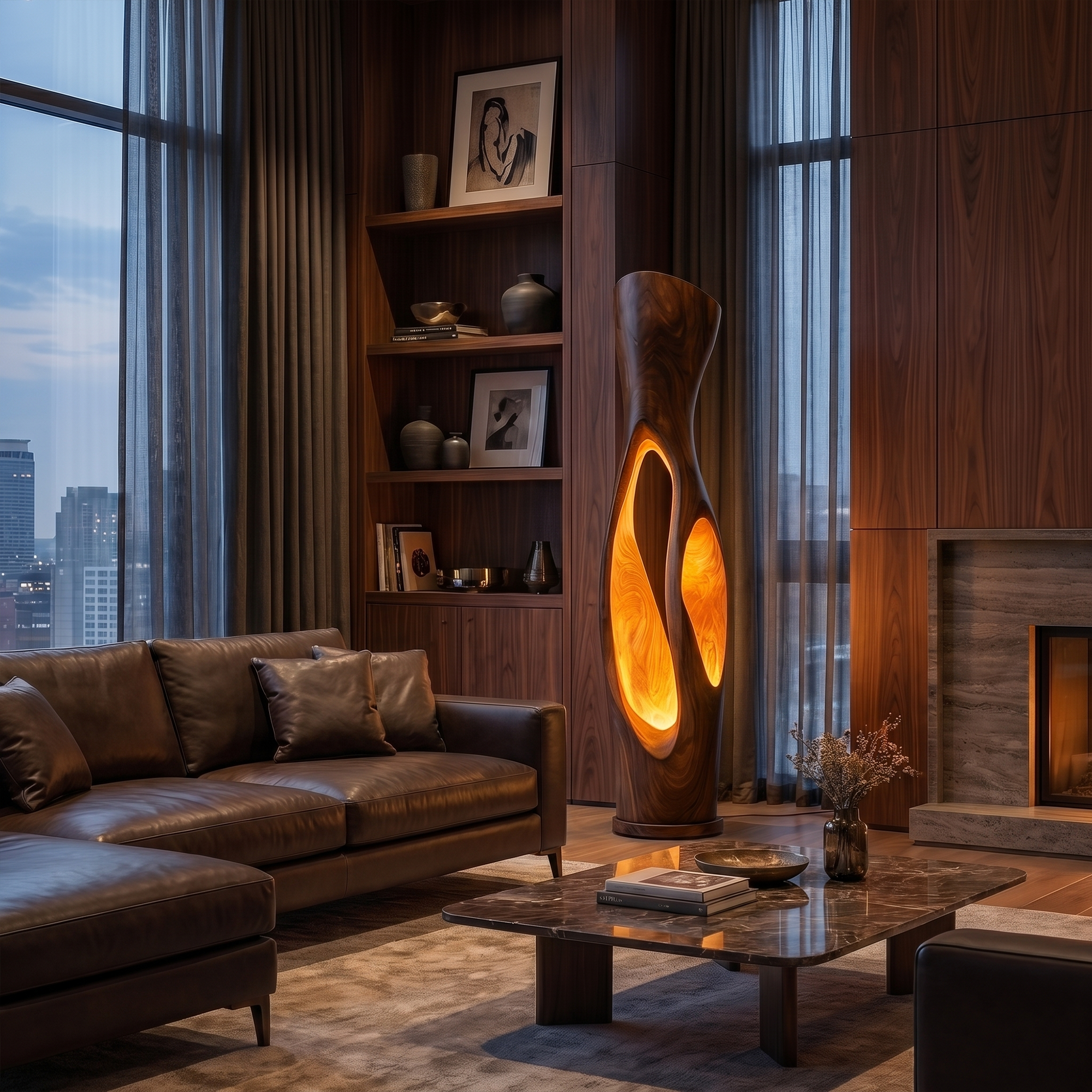 Modern Organic Floor Lamp With Illuminated Hollow Wood Design For Living Room