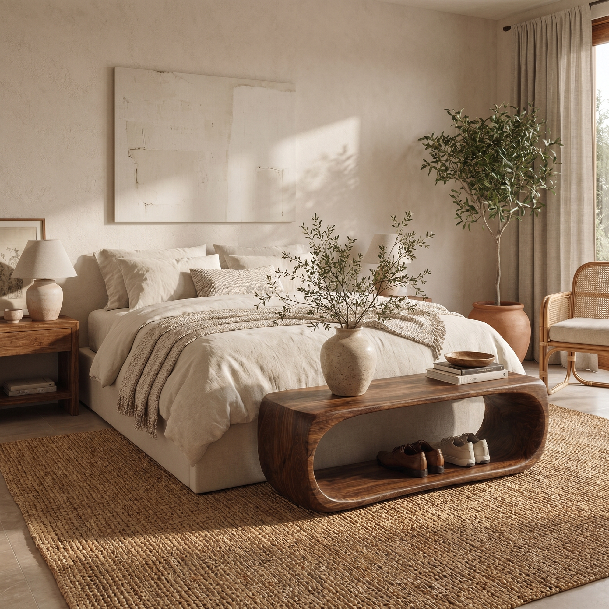 Organic Bench With Sculptural Curved Base And Open Storage Shelf For Entryway