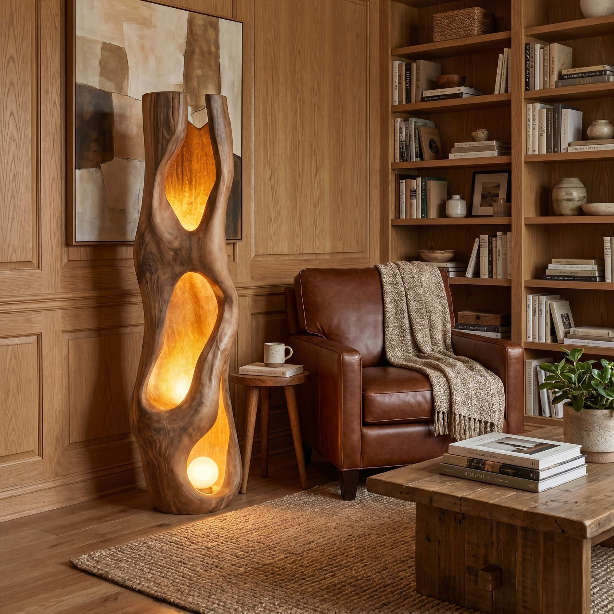 Nature Inspired Floor Lamp Carved Wood Sculpture For Living Room