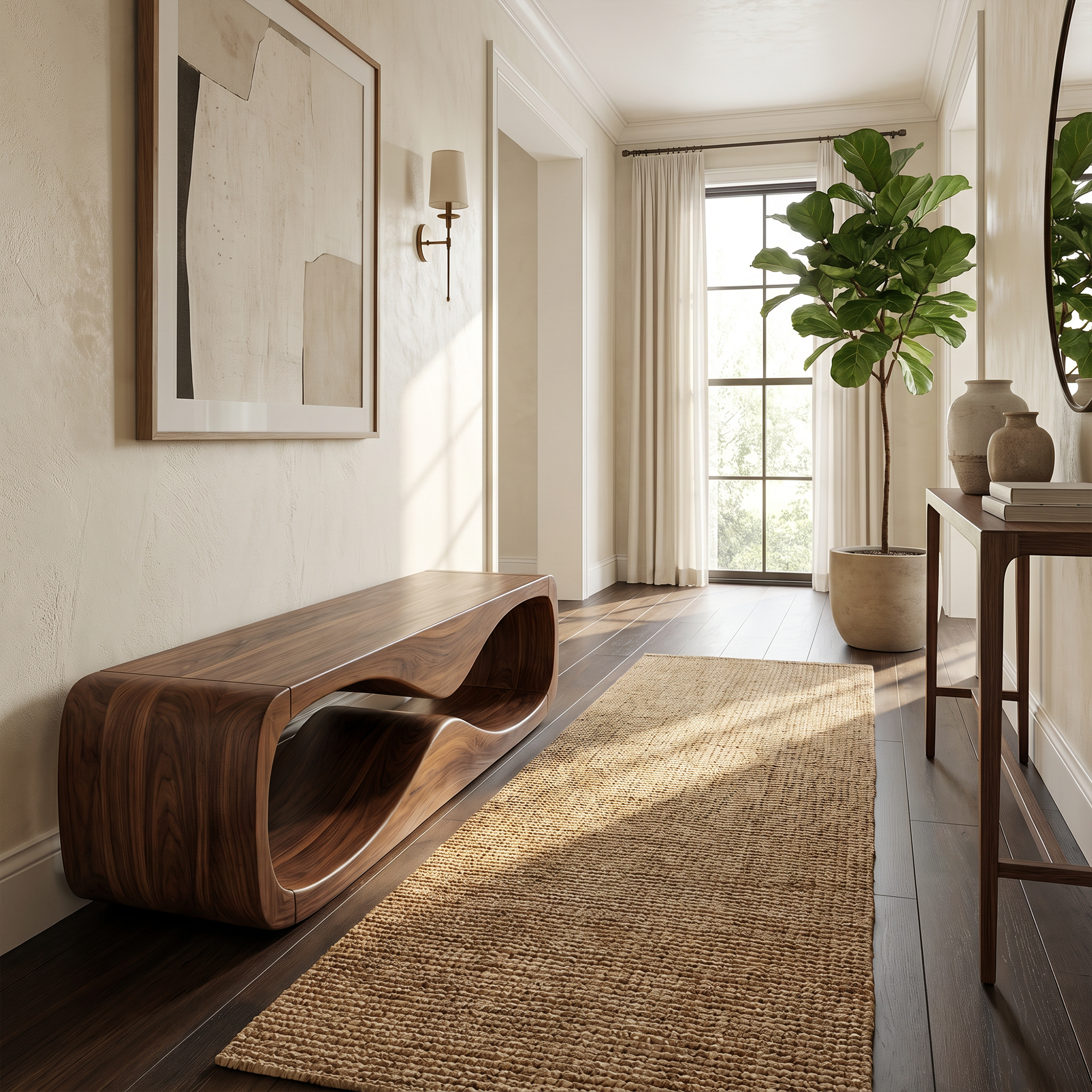 Modern Bench With Open Storage Shelf And Curved Wood Design For Entryway