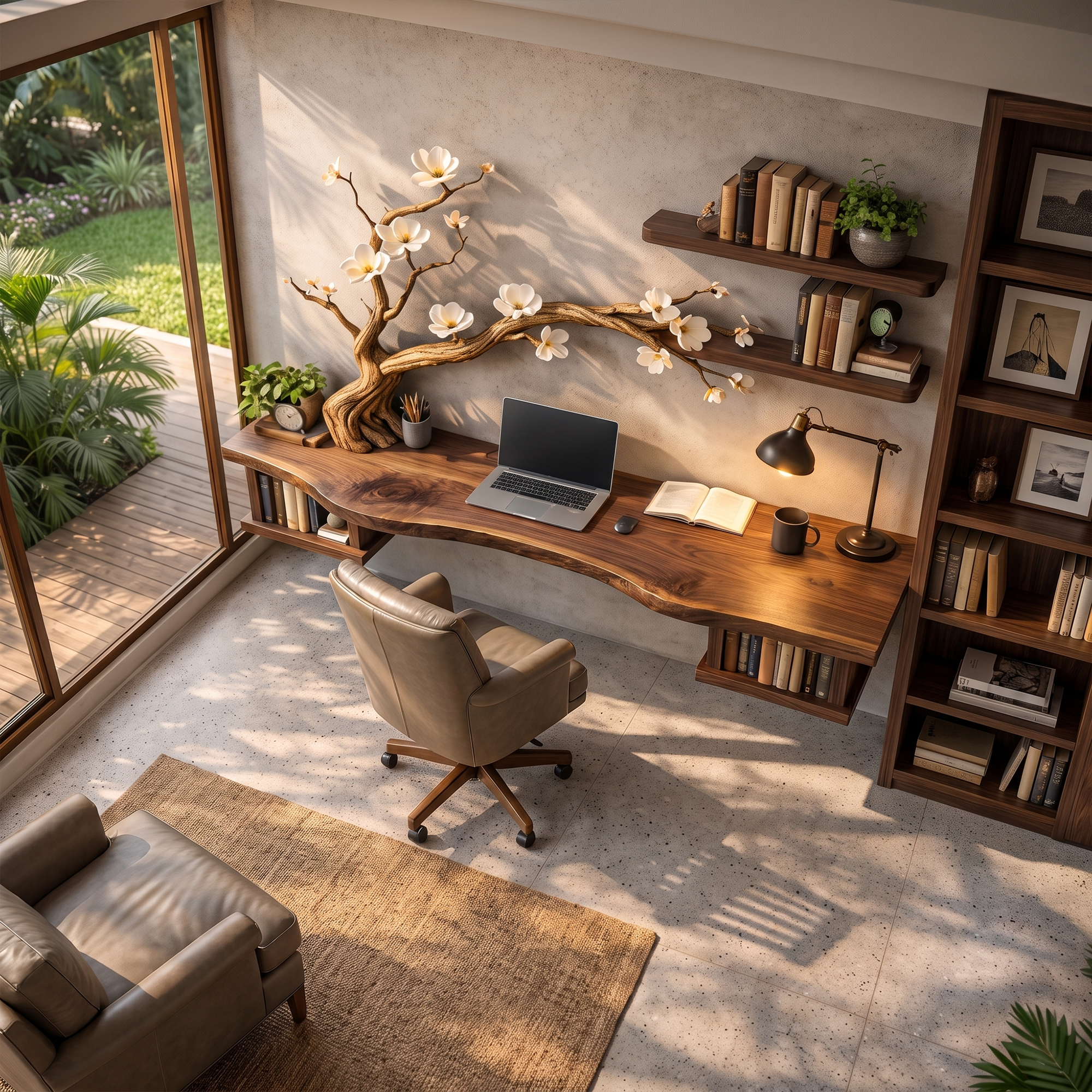 Organic Sculptural Floating Desk With Tree Branch Art For Home Office