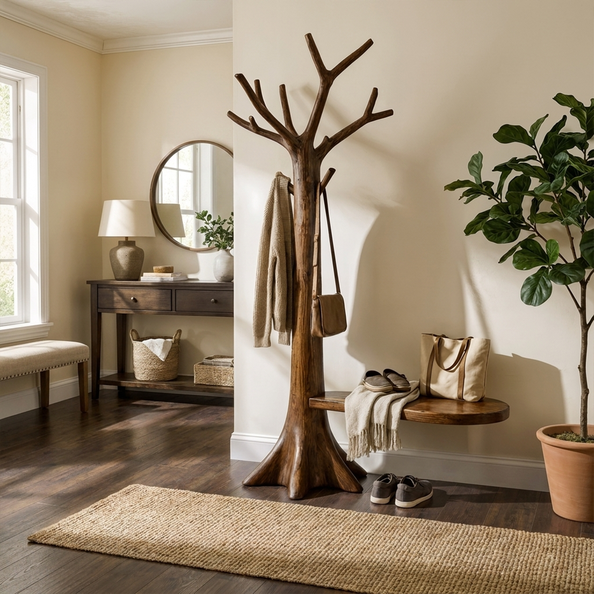 Sculptural Tree Coat Rack Solid Wood Entryway Interior Statement Decor