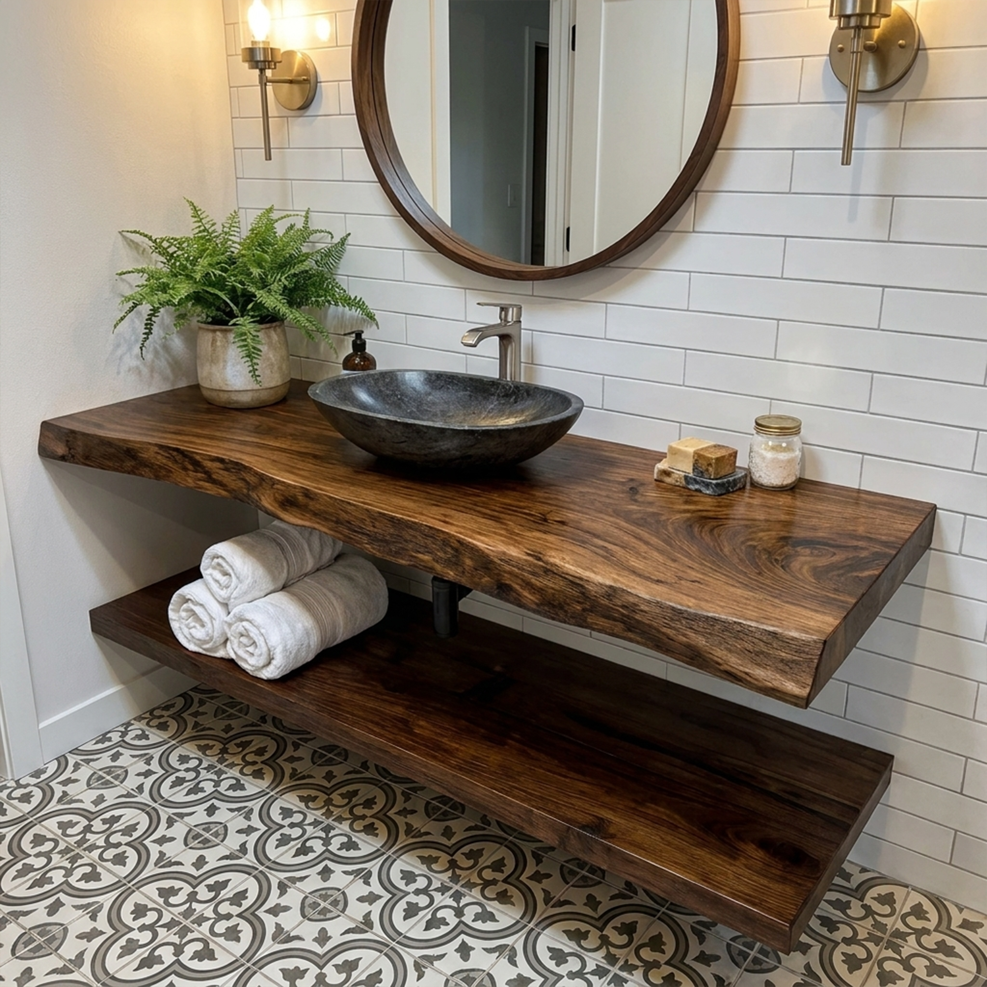 Mid Century Bathroom Vanity Shelf Curved Edge Wood Bathroom Look