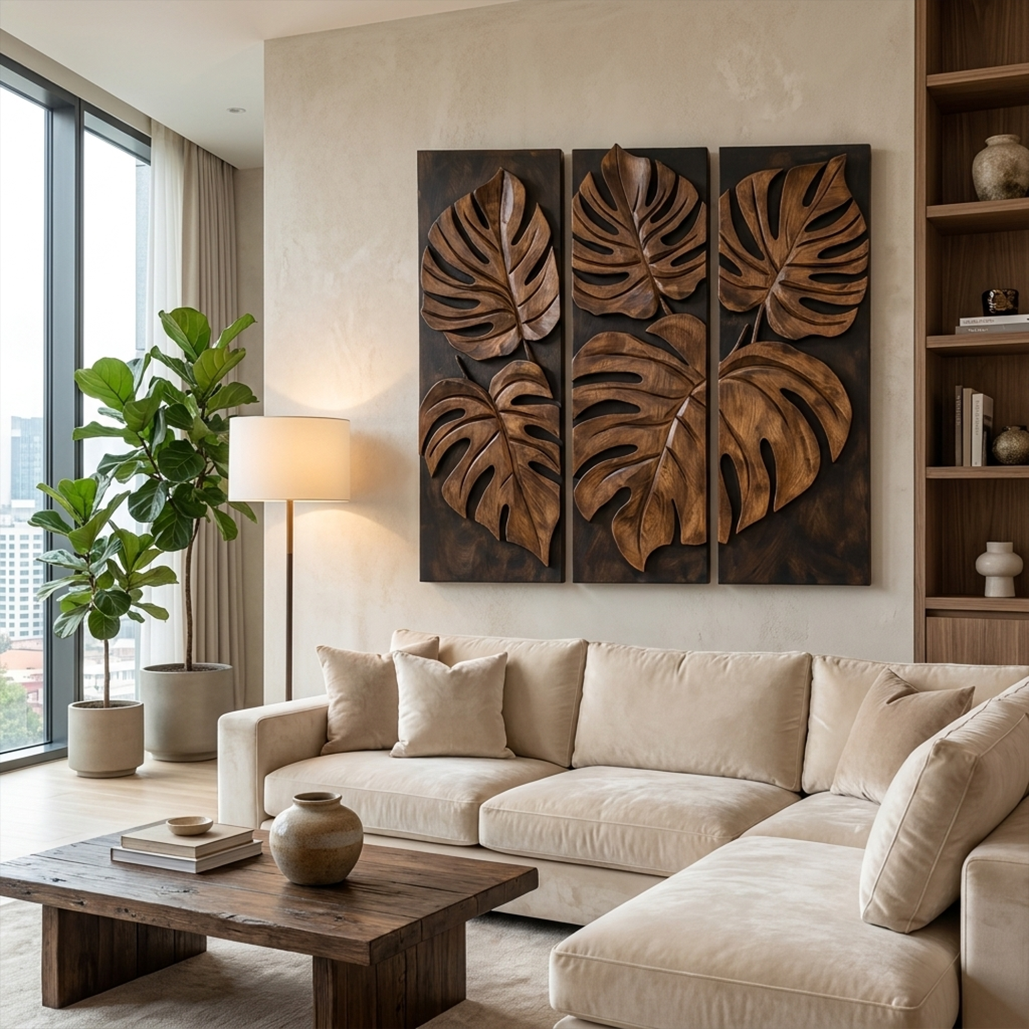 Carved Monstera Leaf Solid Wood Wall Art Triptych Statement Decor