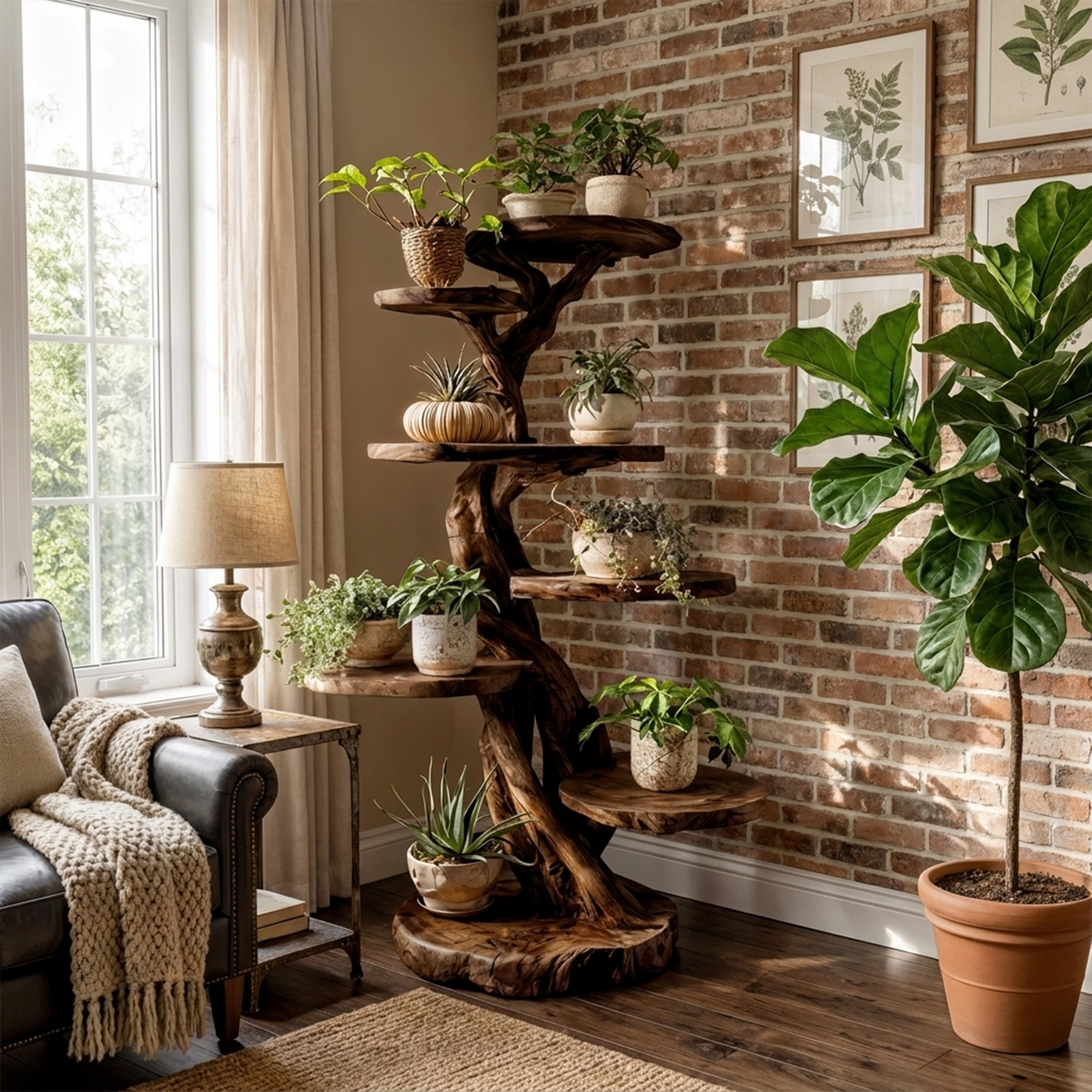 Rustic Tree Plant Shelf Natural Interior Design Home Decor