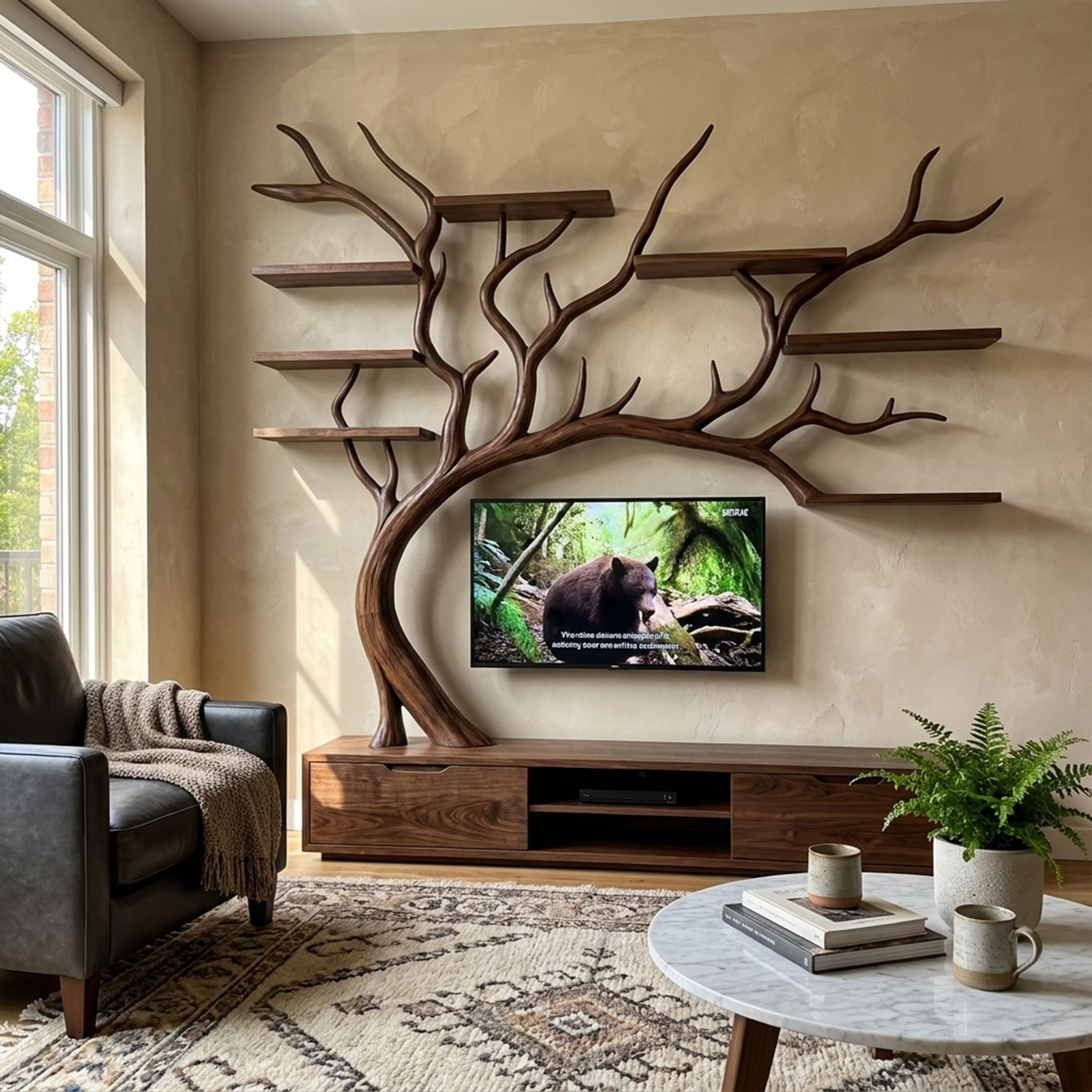 Nature Inspired Tree TV Wall Shelf For Living Room Media Storage And Decor