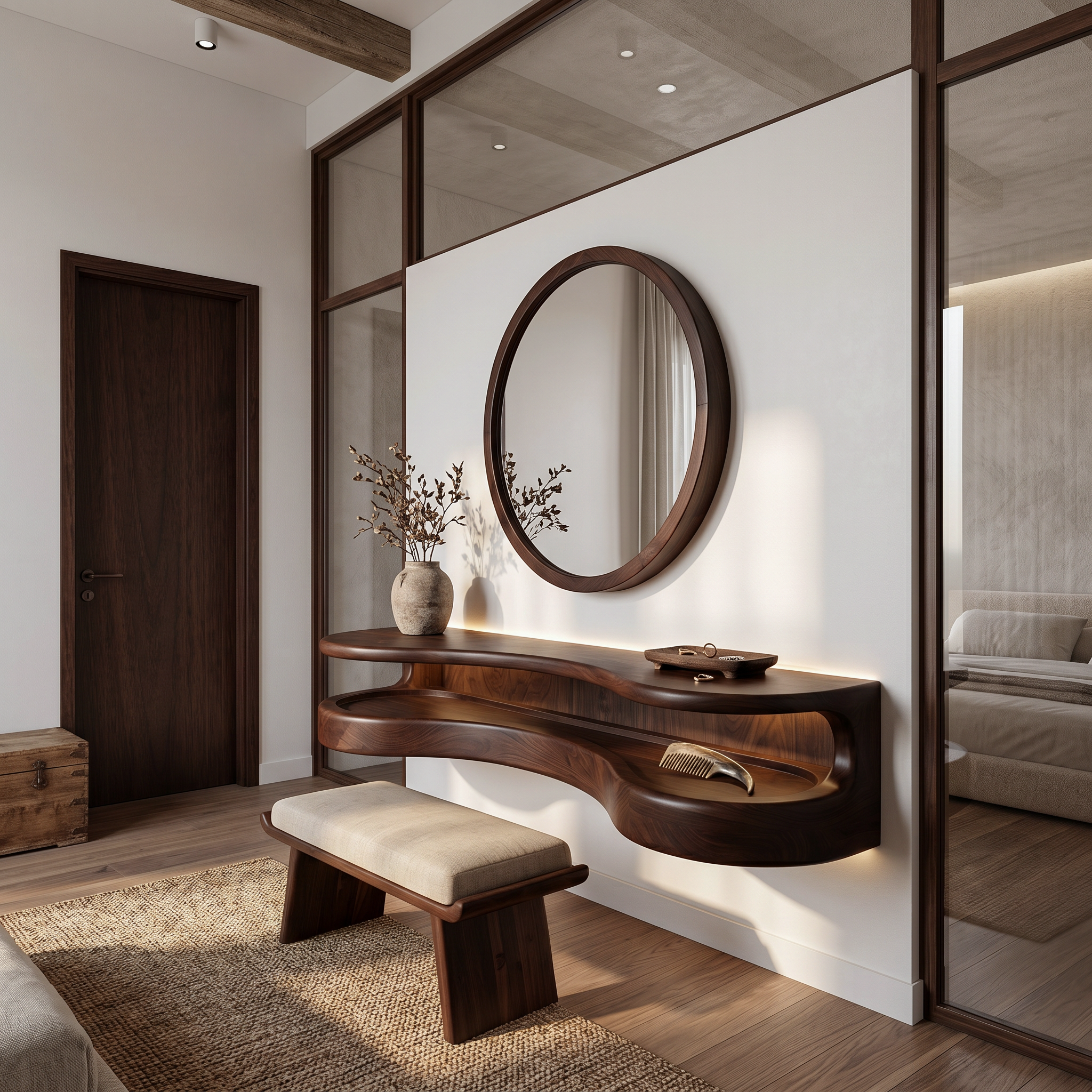 Organic Floating Vanity Desk With Rounded Wood Shelf For Bedroom