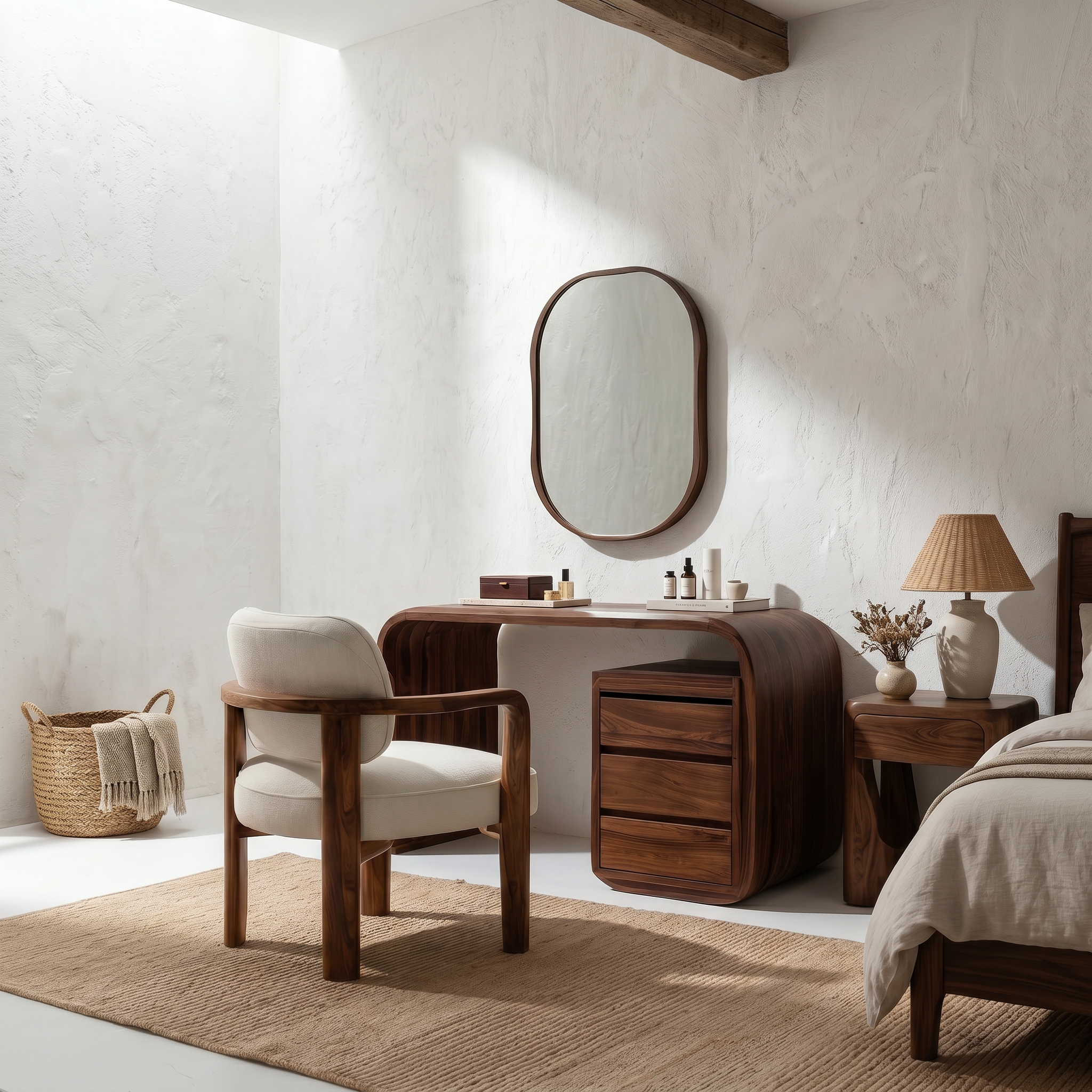 Modern Walnut Vanity Table With Open Shelf Cabinet For Bedroom