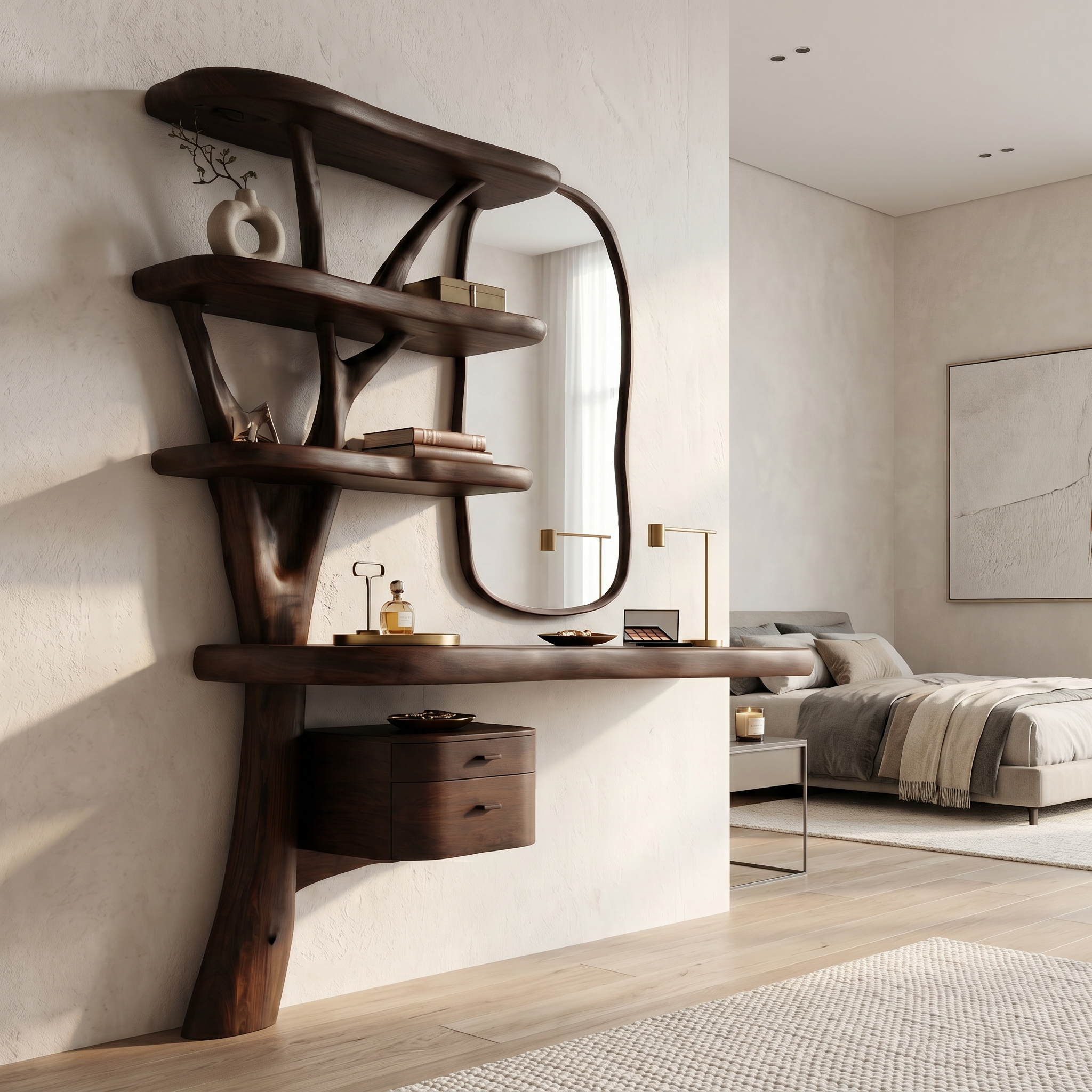 Sculptural Tree Vanity Desk With Curved Wood Shelves For Bedroom