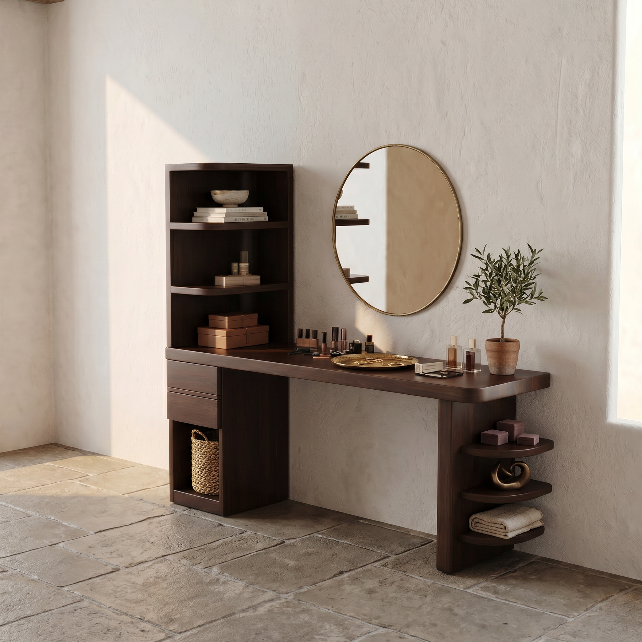 Contemporary Corner Makeup Vanity With Vertical Storage Shelves For Bedroom