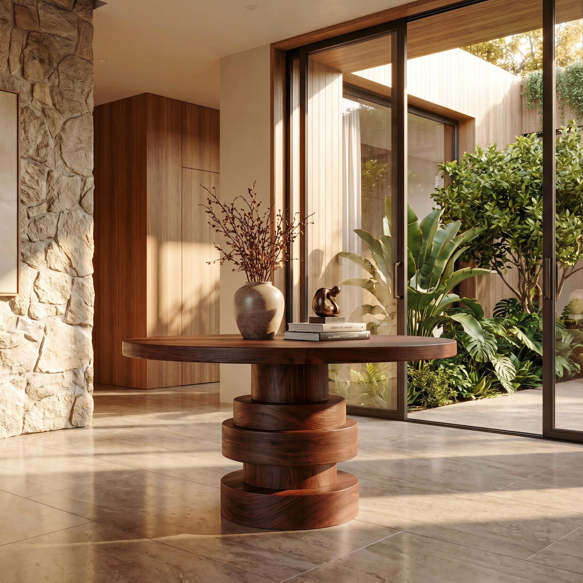 Modern Luxury Stacked Base Round Entryway Table For Entryway And Lobby