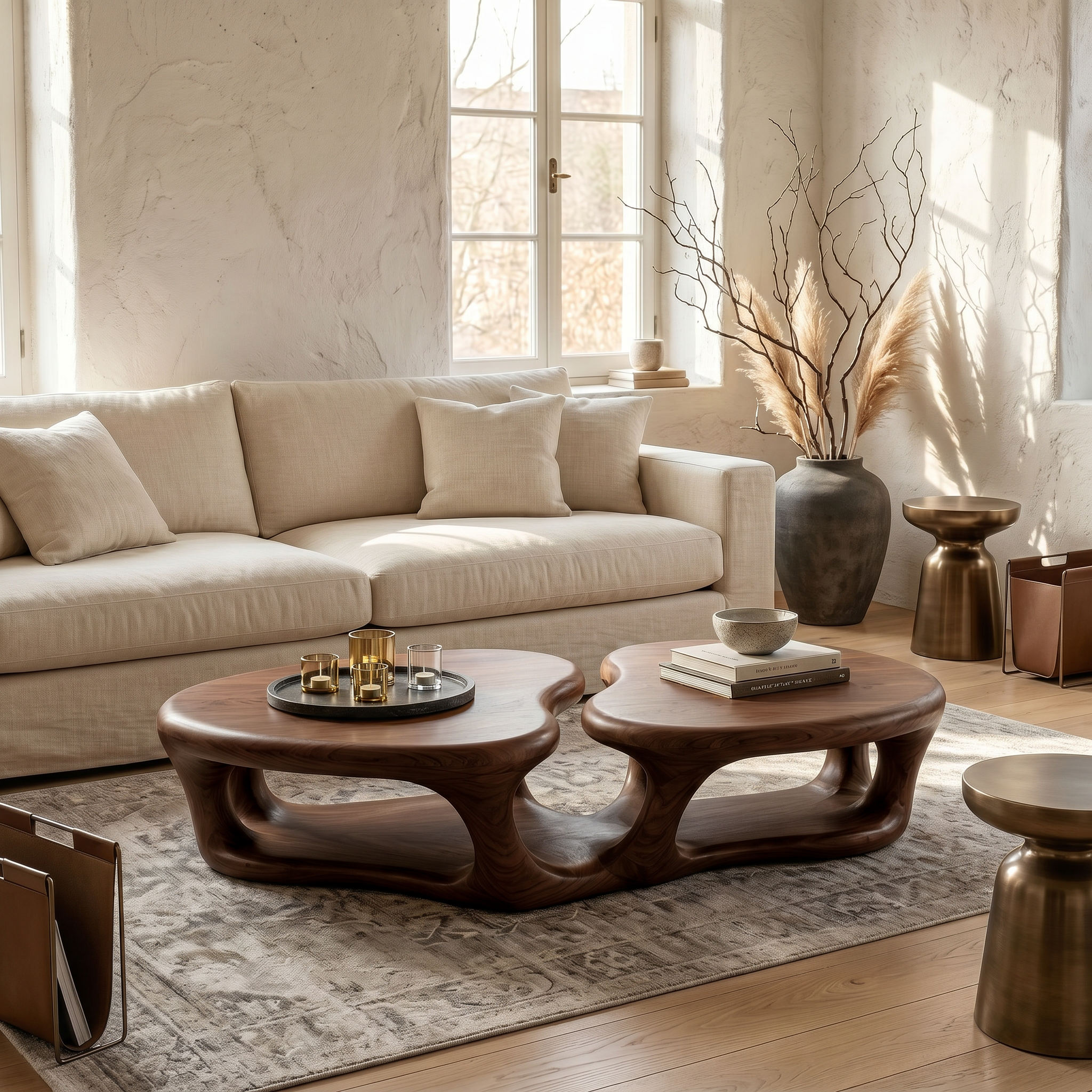 Sculptural Coffee Table With Open Wood Structure For Living Room Decor