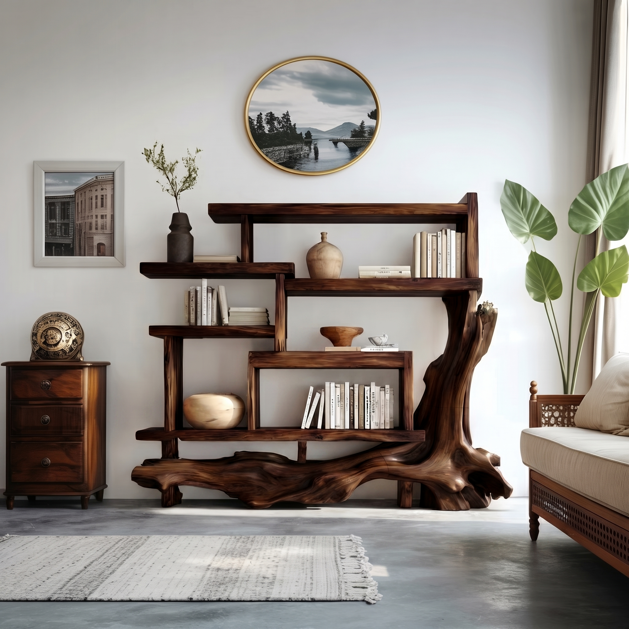 Organic Unique Wood Display Shelf For Living Room And Office