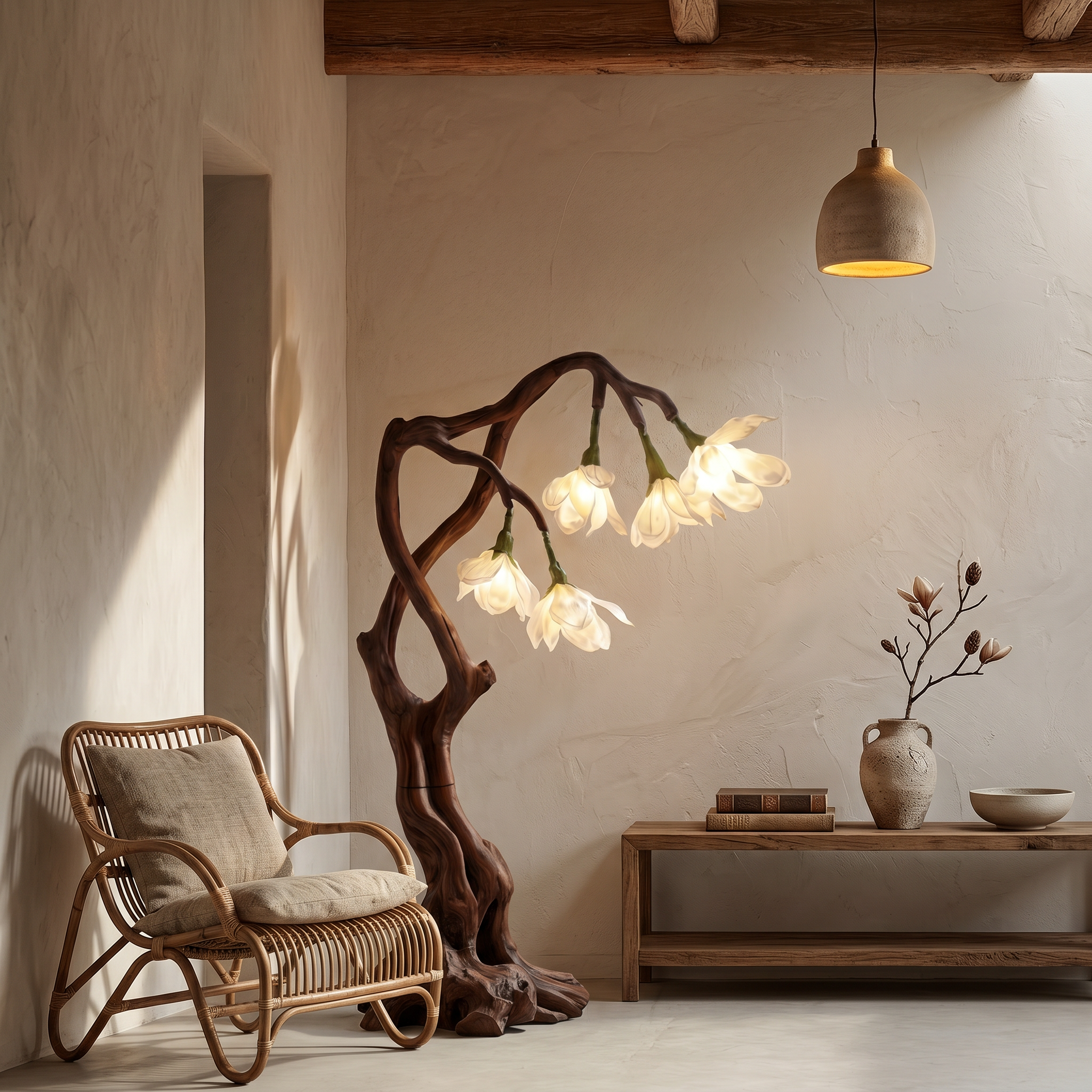 Petal Inspired Floor Lamp With Artistic Wood Base For Living Room And Bedroom