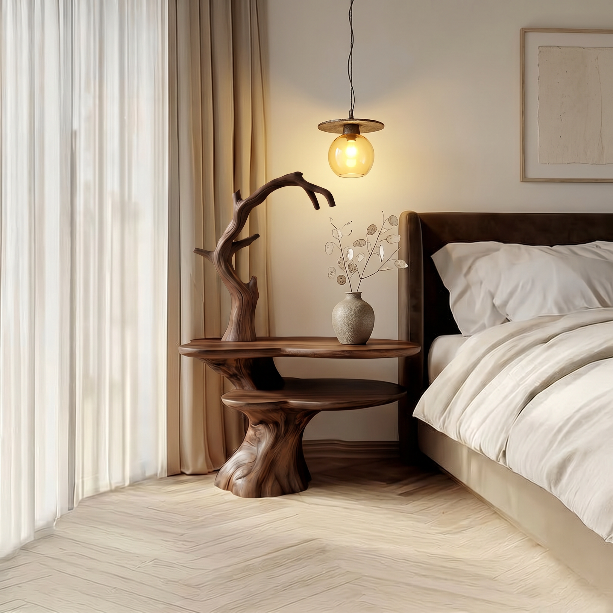 Natural Bedside Table With Floral Lamp And Tree Branch Form For Bedroom And Guest Room