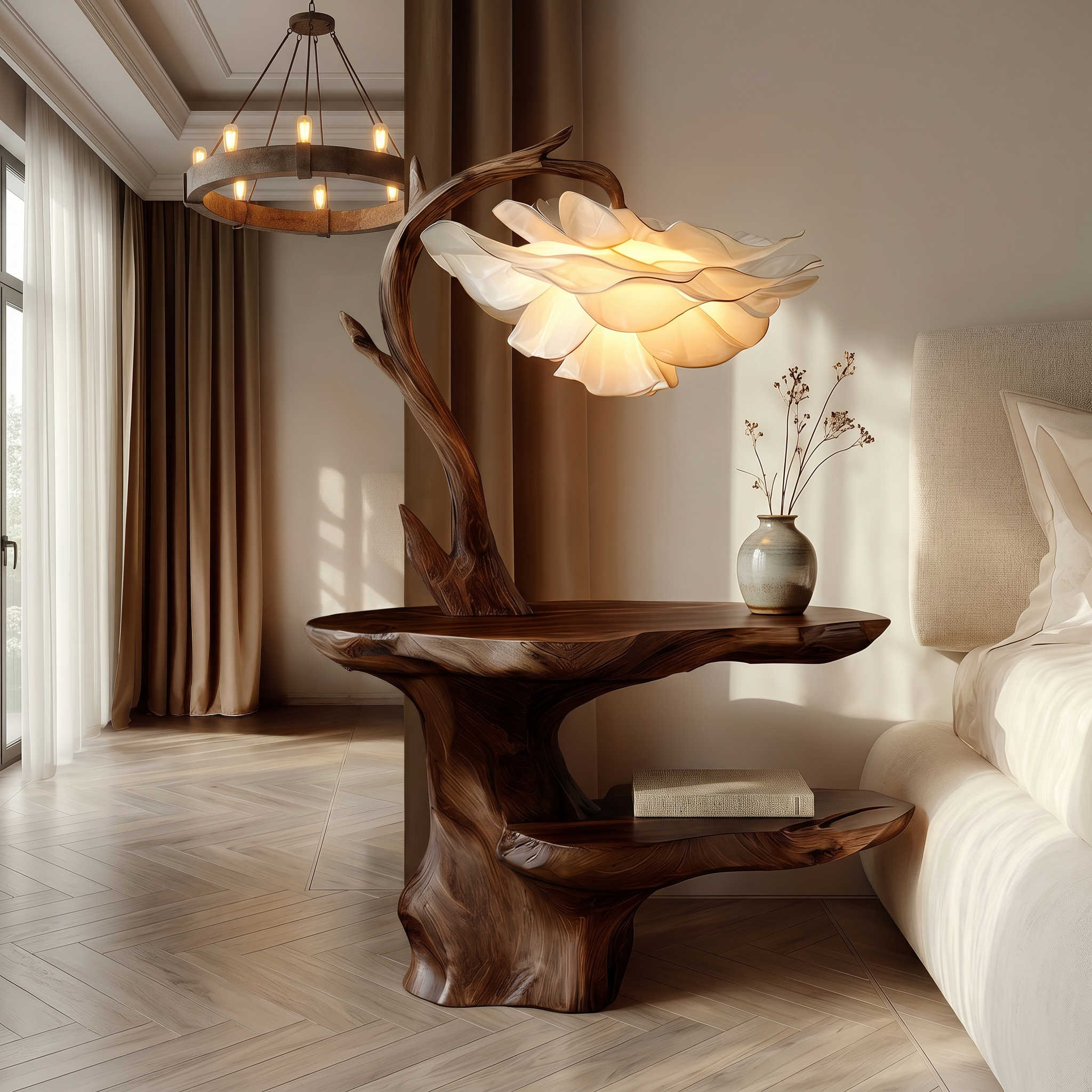 Organic End Table With Flower Lamp And Tree Branch Design For Bedroom And Reading Nook