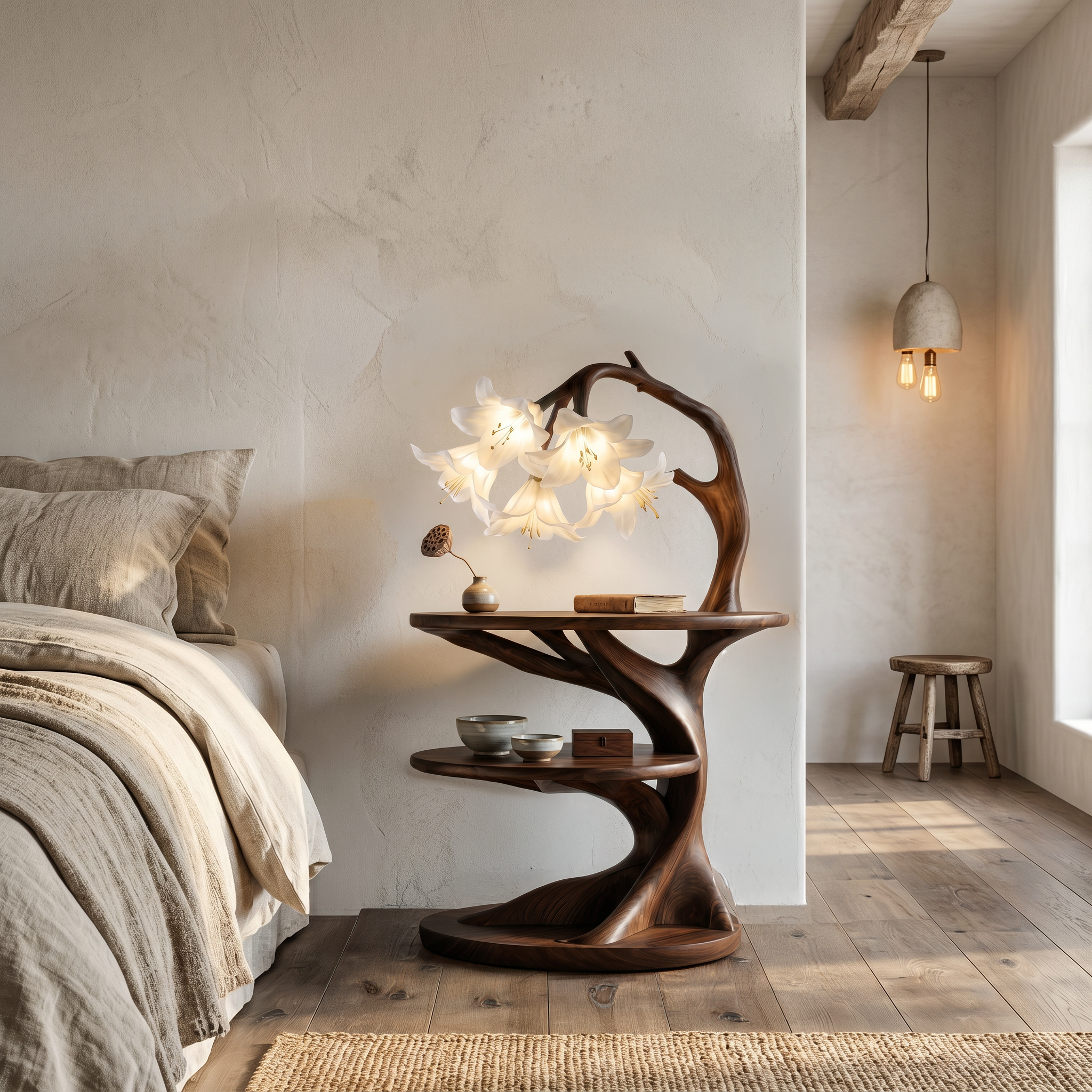 Rustic Side Table With Flower Shade Lamp For Bedroom And Living Room