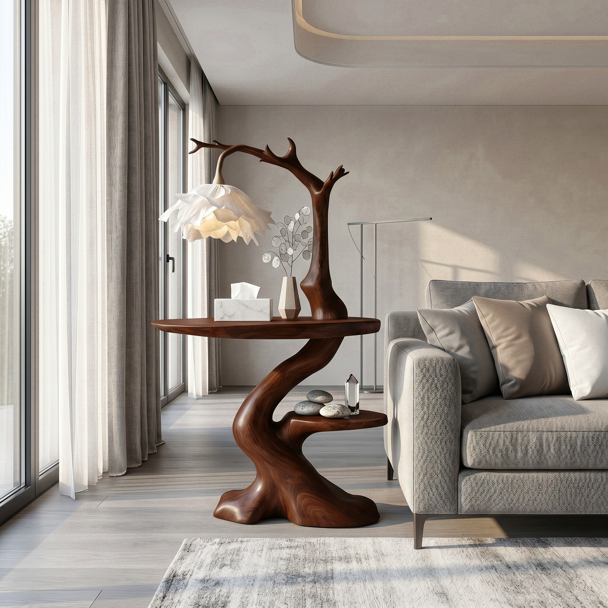 Modern End Table With Tree Branch Lamp Design For Bedroom And Living Room