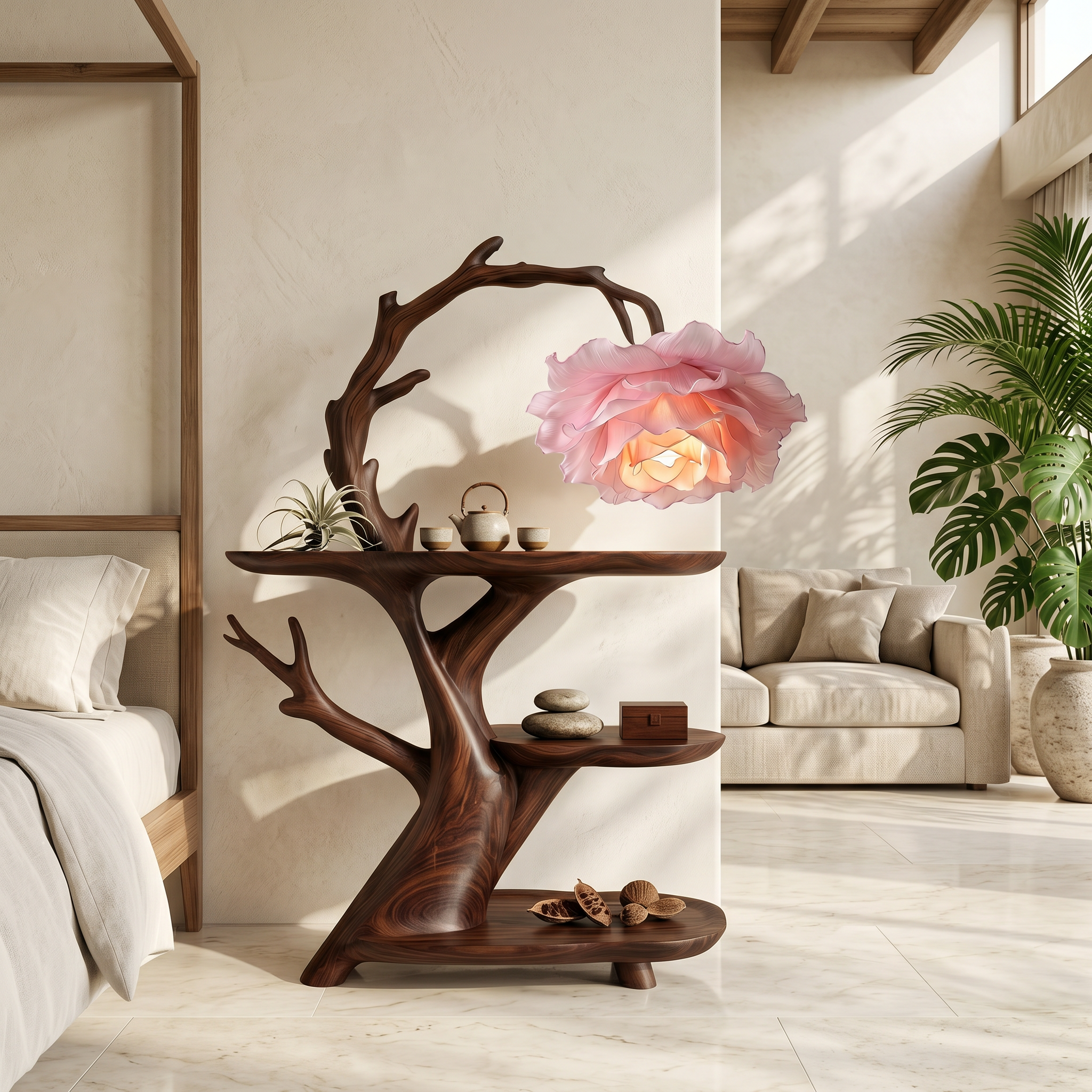 Contemporary Side Table With Floral Accent Lamp For Bedroom And Lounge