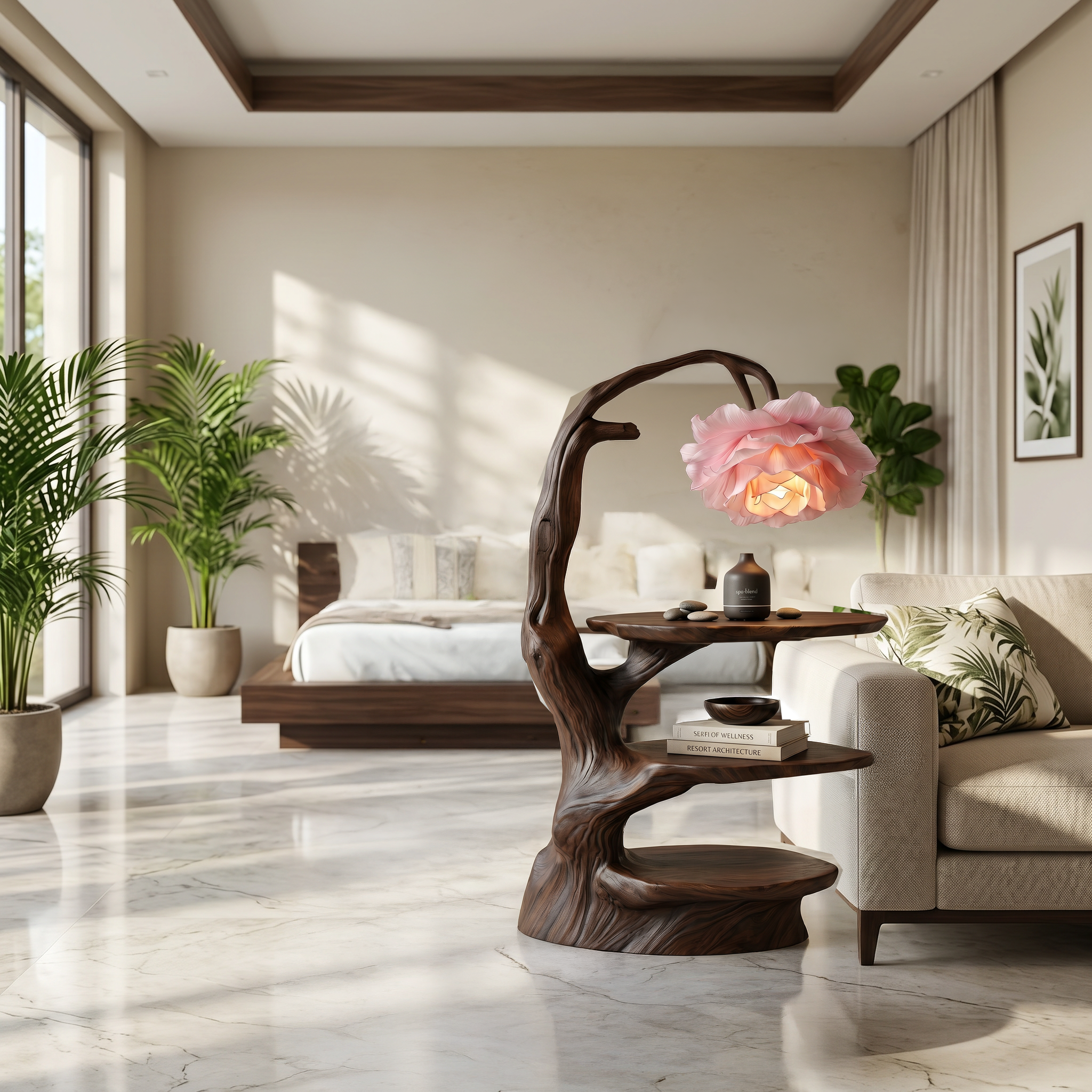 Natural End Table With Tree Branch Form And Flower Lamp For Bedroom And Reading Nook