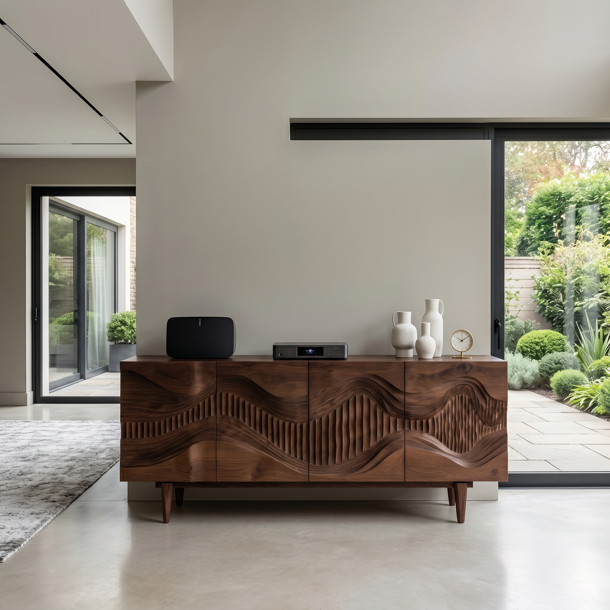 Mid Century Storage Cabinet With Sculptural Wave Carved Wood Doors For Living Room
