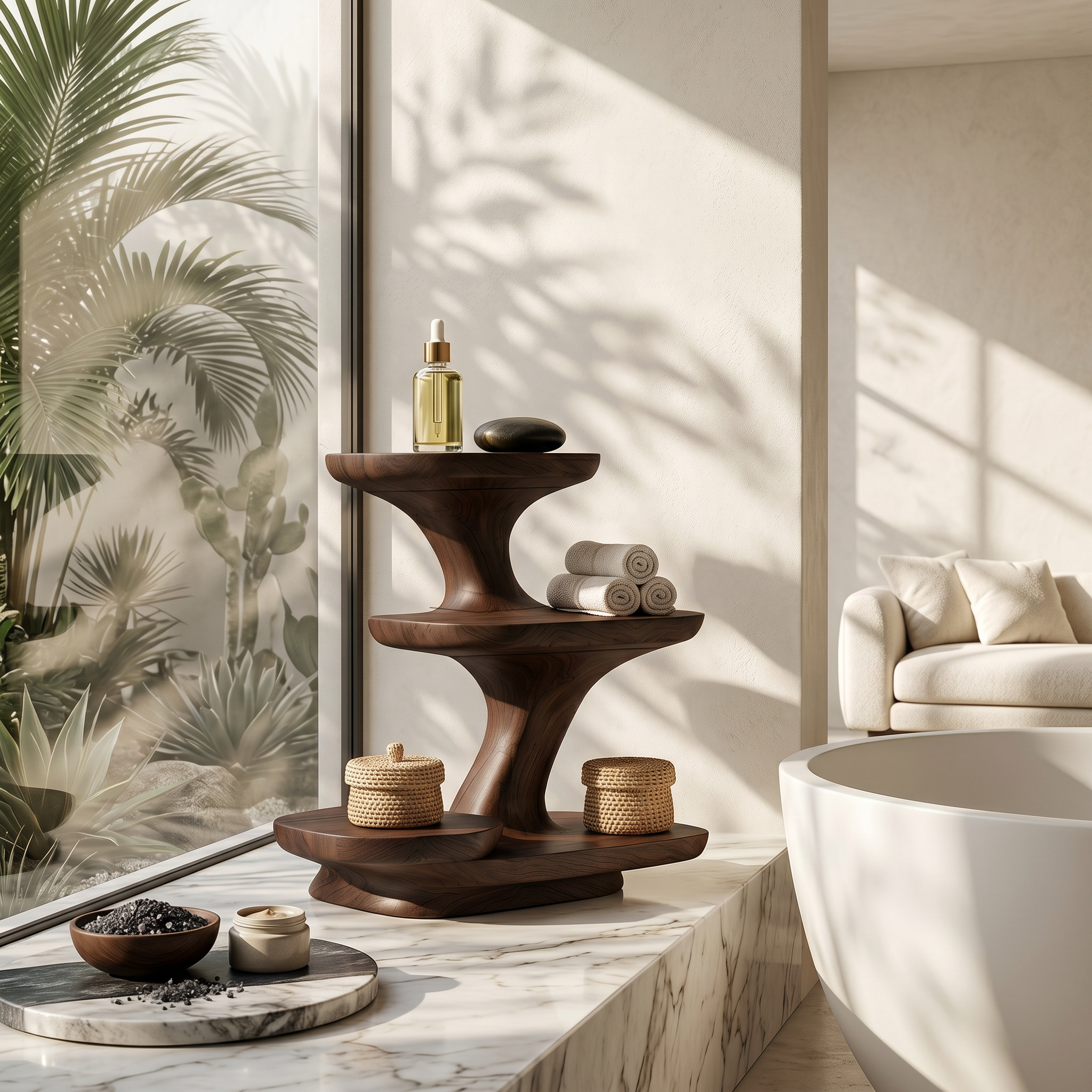 Organic Modern Bathroom Vanity Shelf With Sculptural Tiered Storage For Bathroom