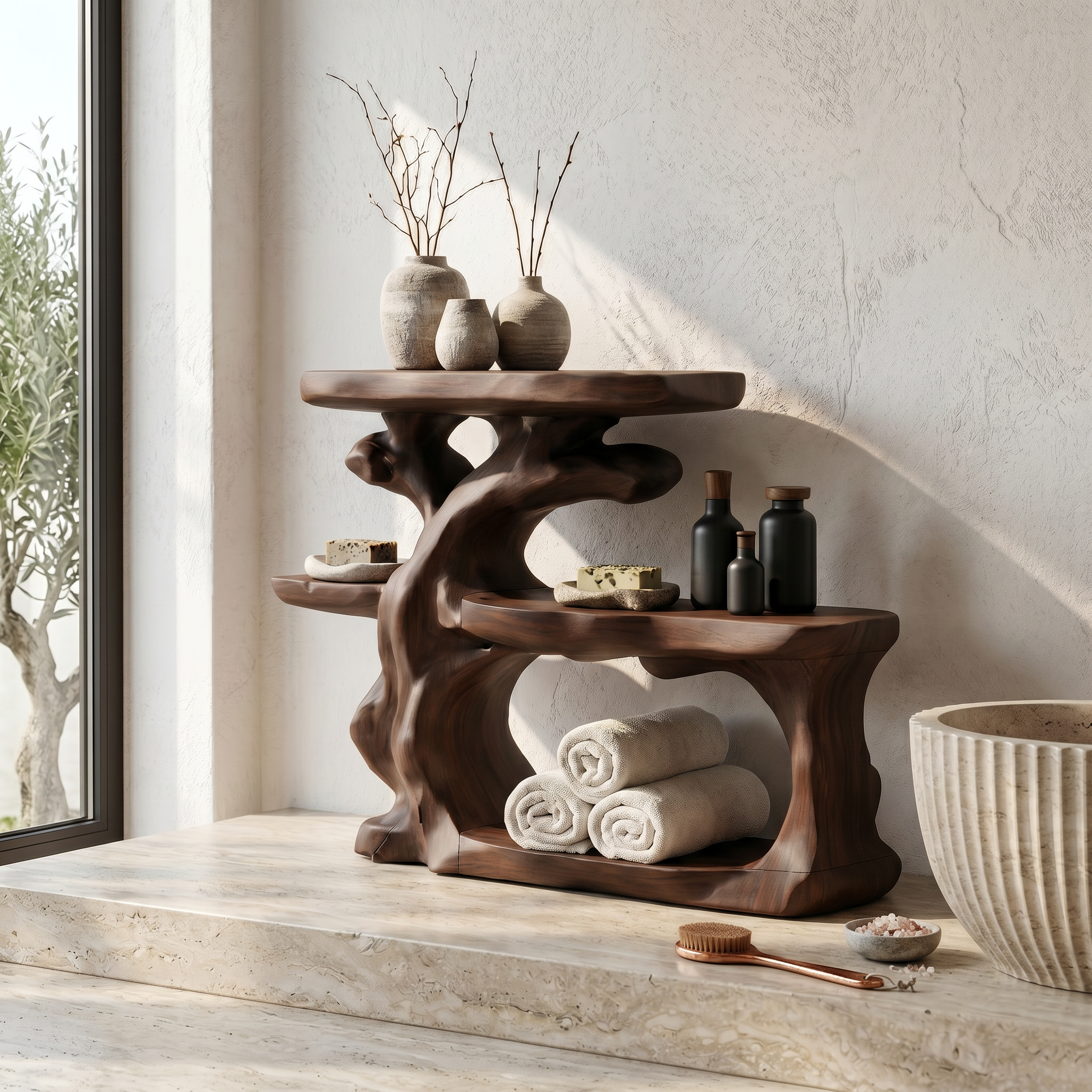 Rustic Bathroom Counter Organizer Shelf With Artistic Wood Form For Bathroom