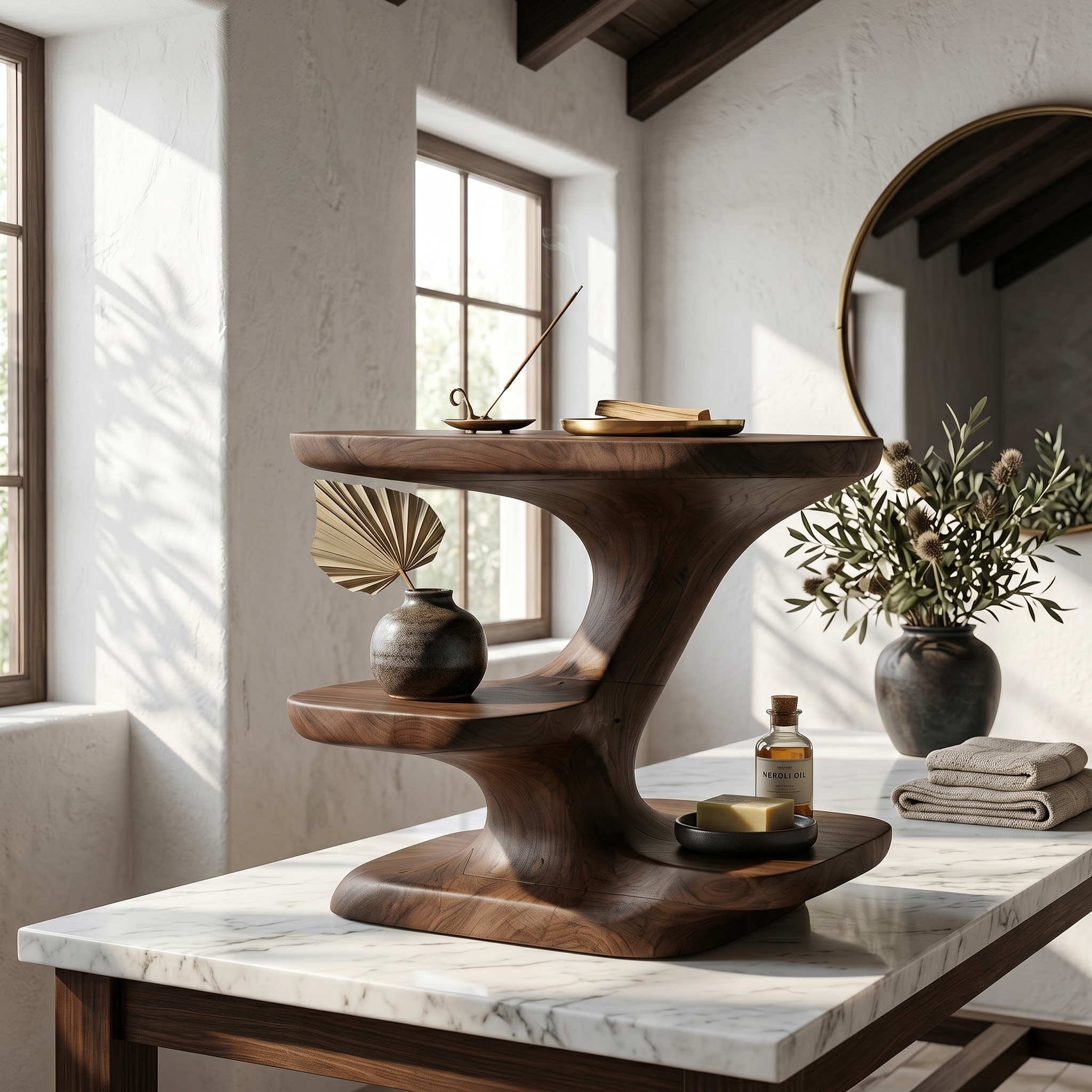 Modern Organic Bathroom Vanity Organizer With Tiered Wood Shelves For Bathroom