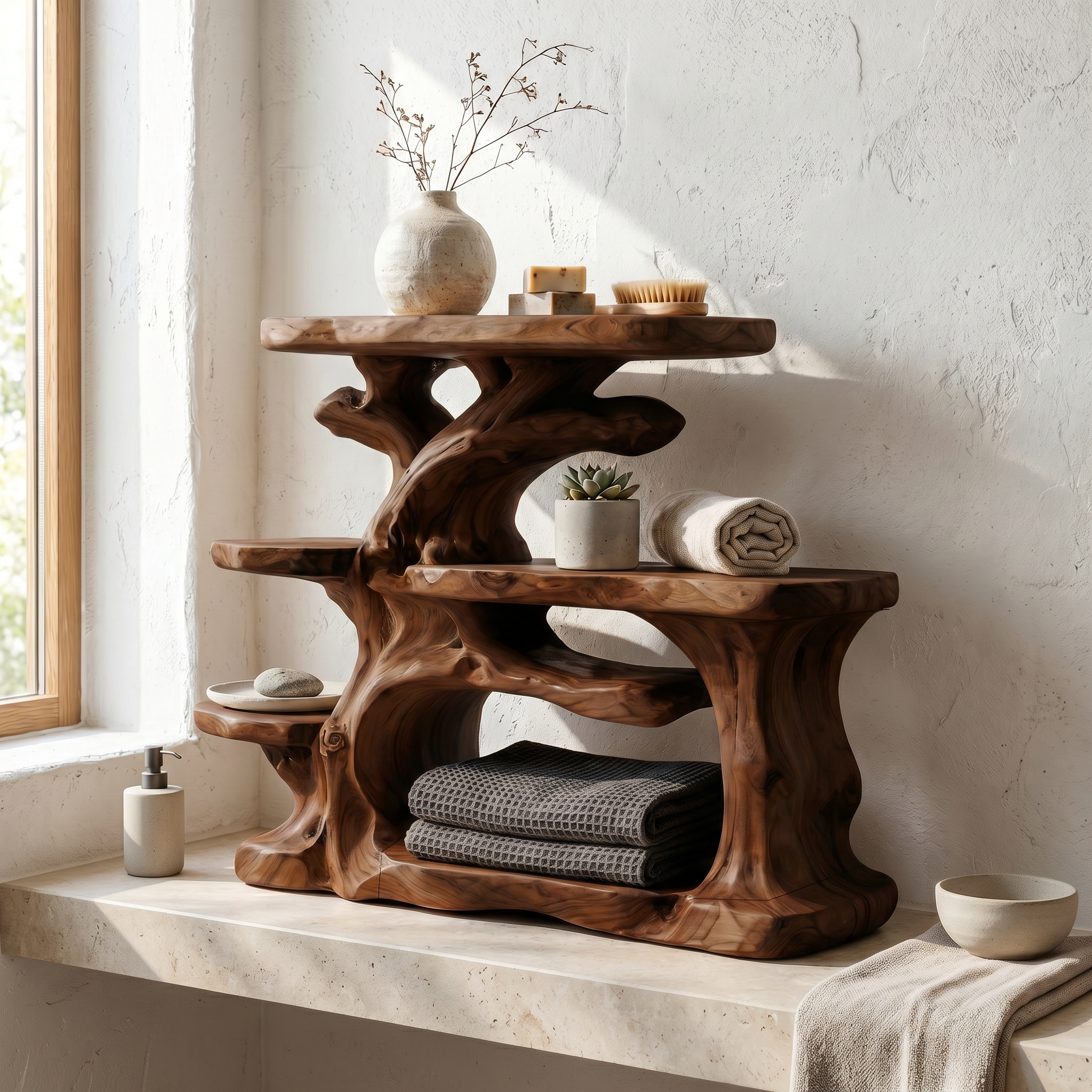 Nature Inspired Bathroom Organizer With Wooden Shelves For Bathroom