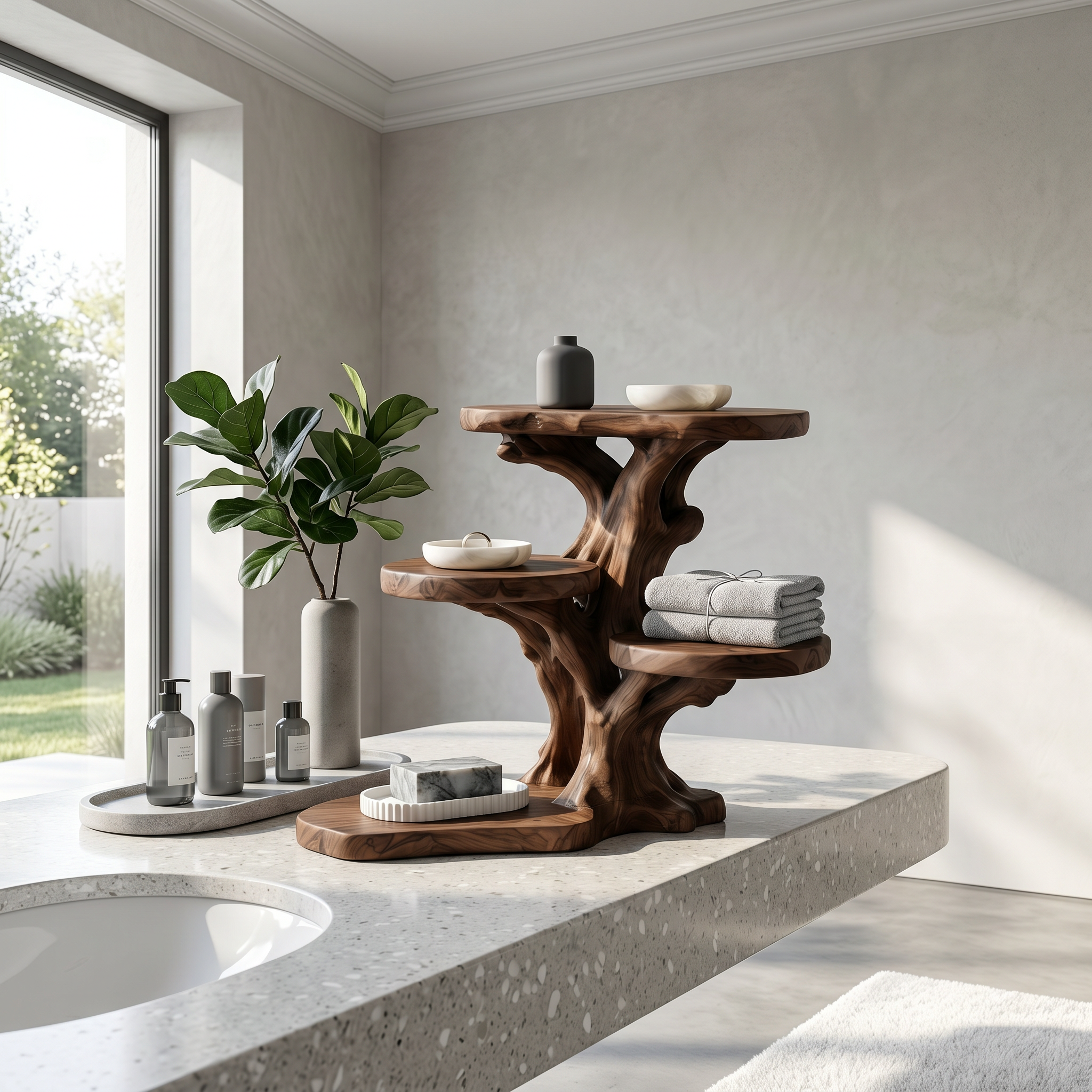 Rustic Tree Bathroom Organizer With Sculptural Display Shelves