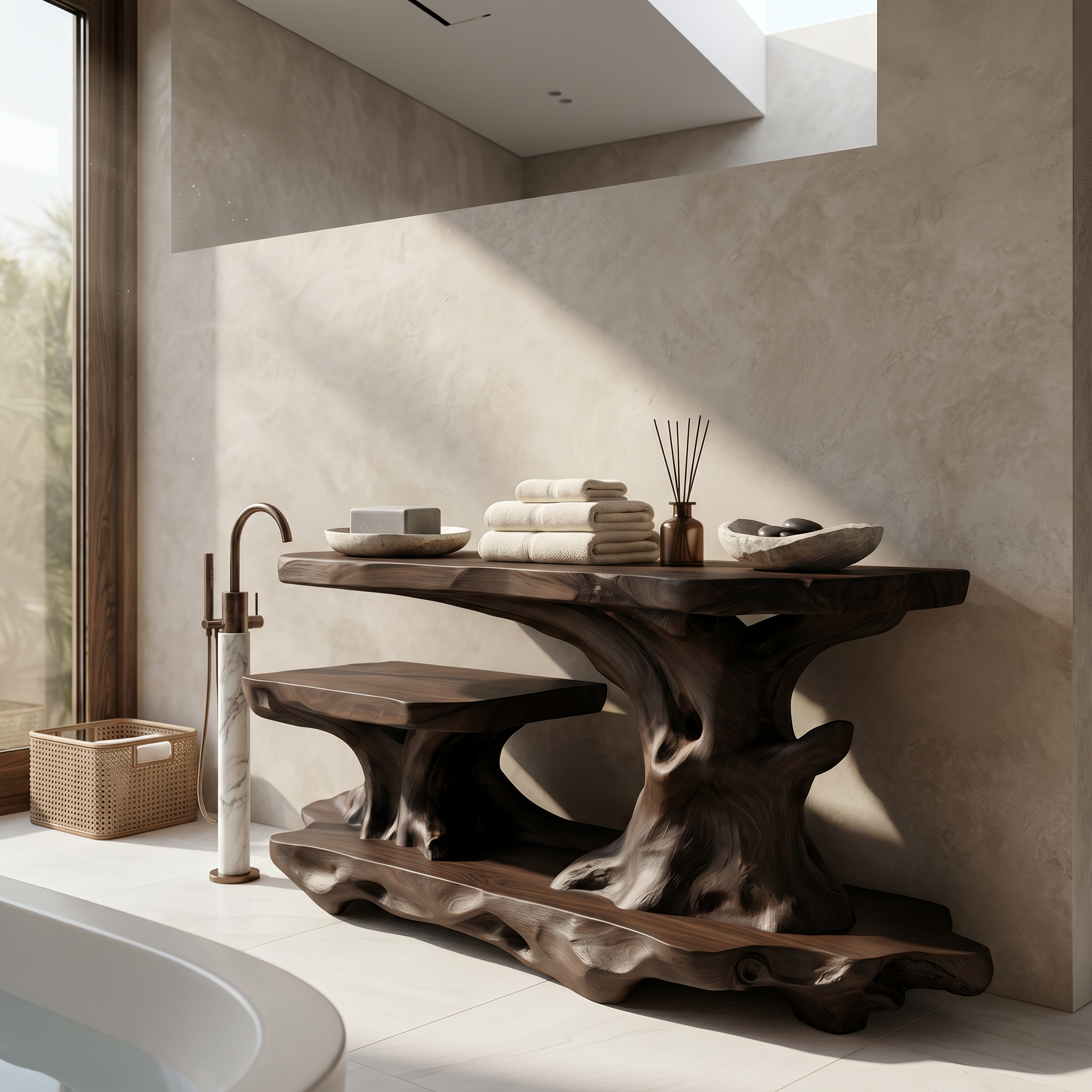 Artistic Tree Shelf With Multi Level Bathroom Storage