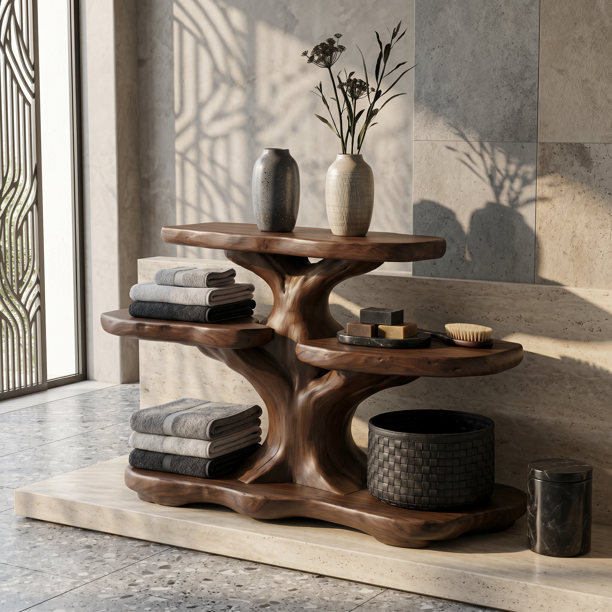 Contemporary Tree Bathroom Organizer With Floating Wood Shelves