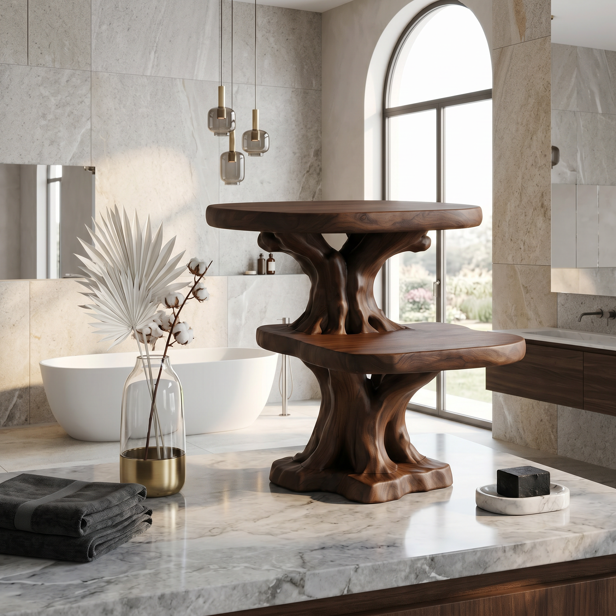 Rustic Tree Bathroom Organizer With Floating Display Shelves