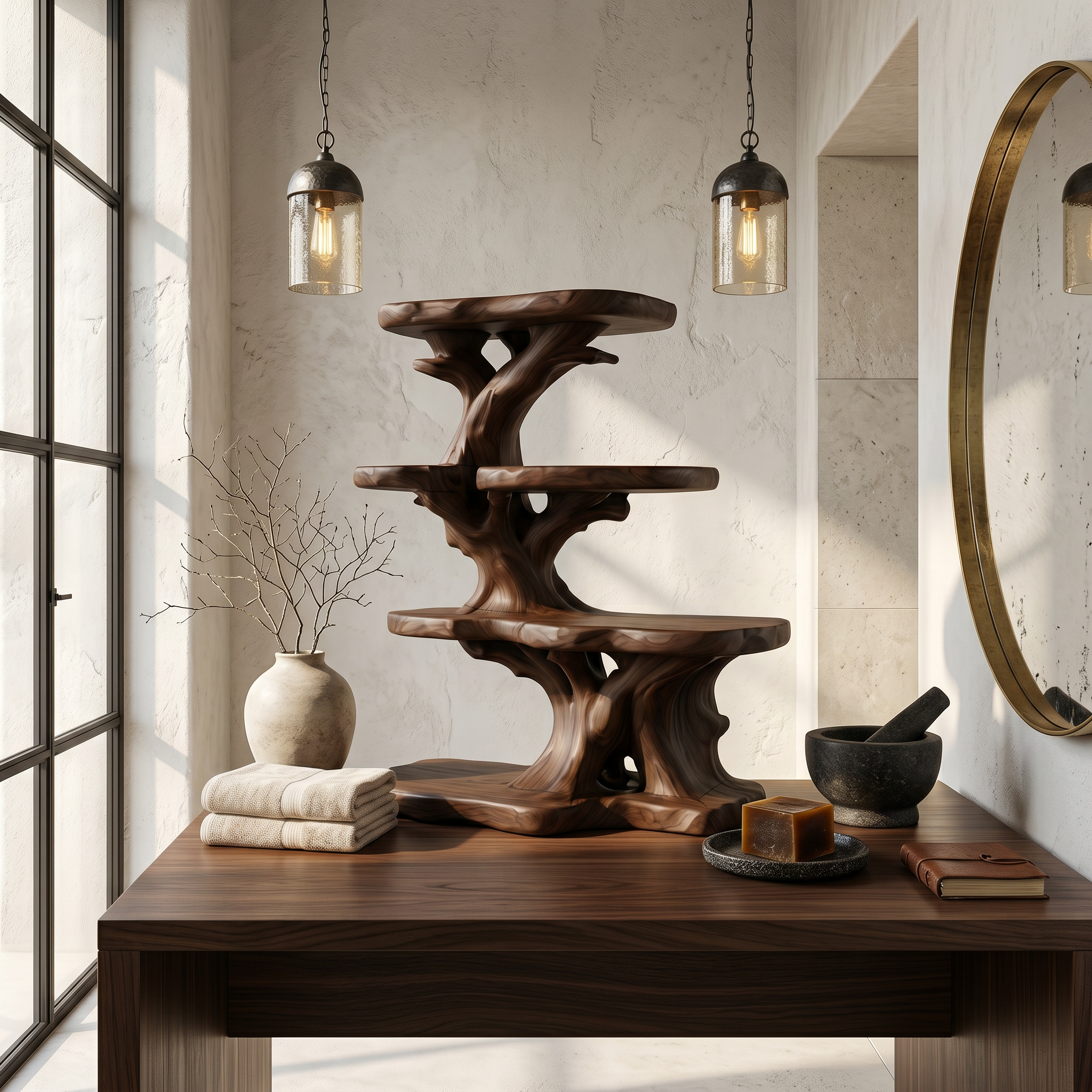 Rustic Bathroom Organizer With Tiered Display Shelves