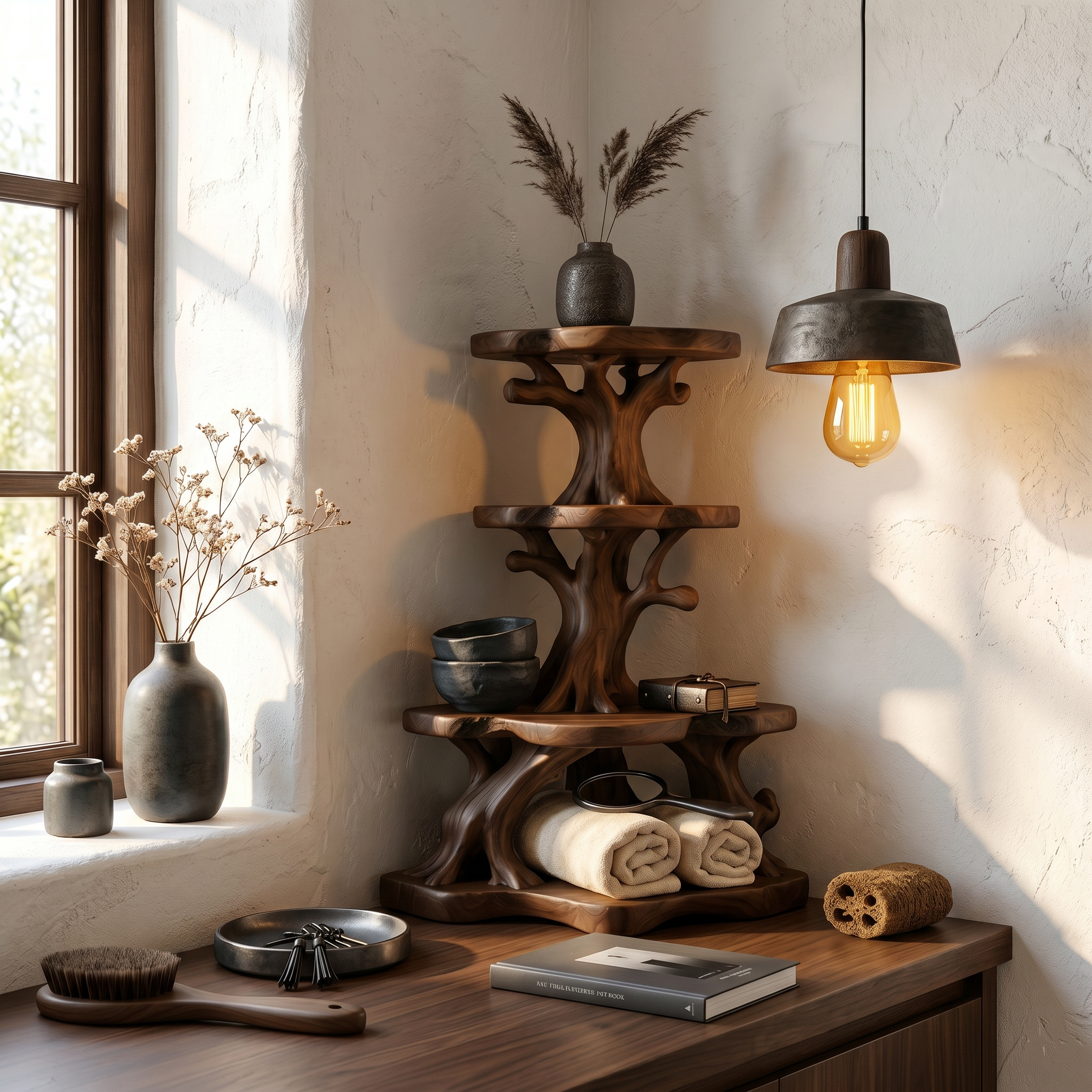 Rustic Bathroom Corner Shelf With Sculptural Wood Display Storage