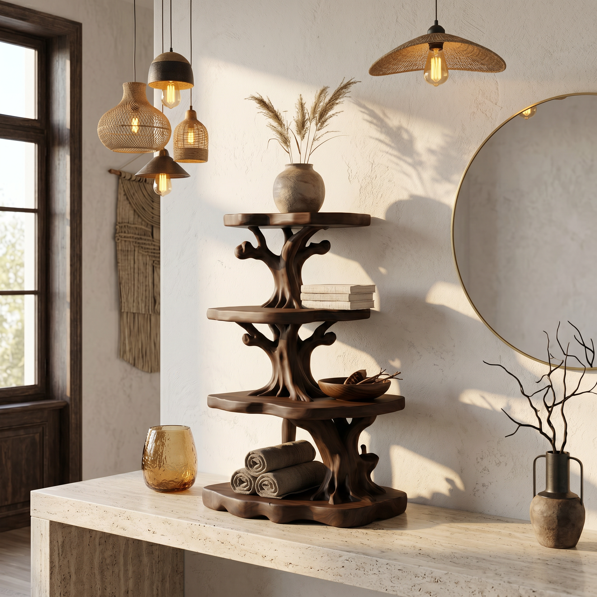Handcrafted Wooden Bathroom Shelf With Nature Inspired Design For Bathroom