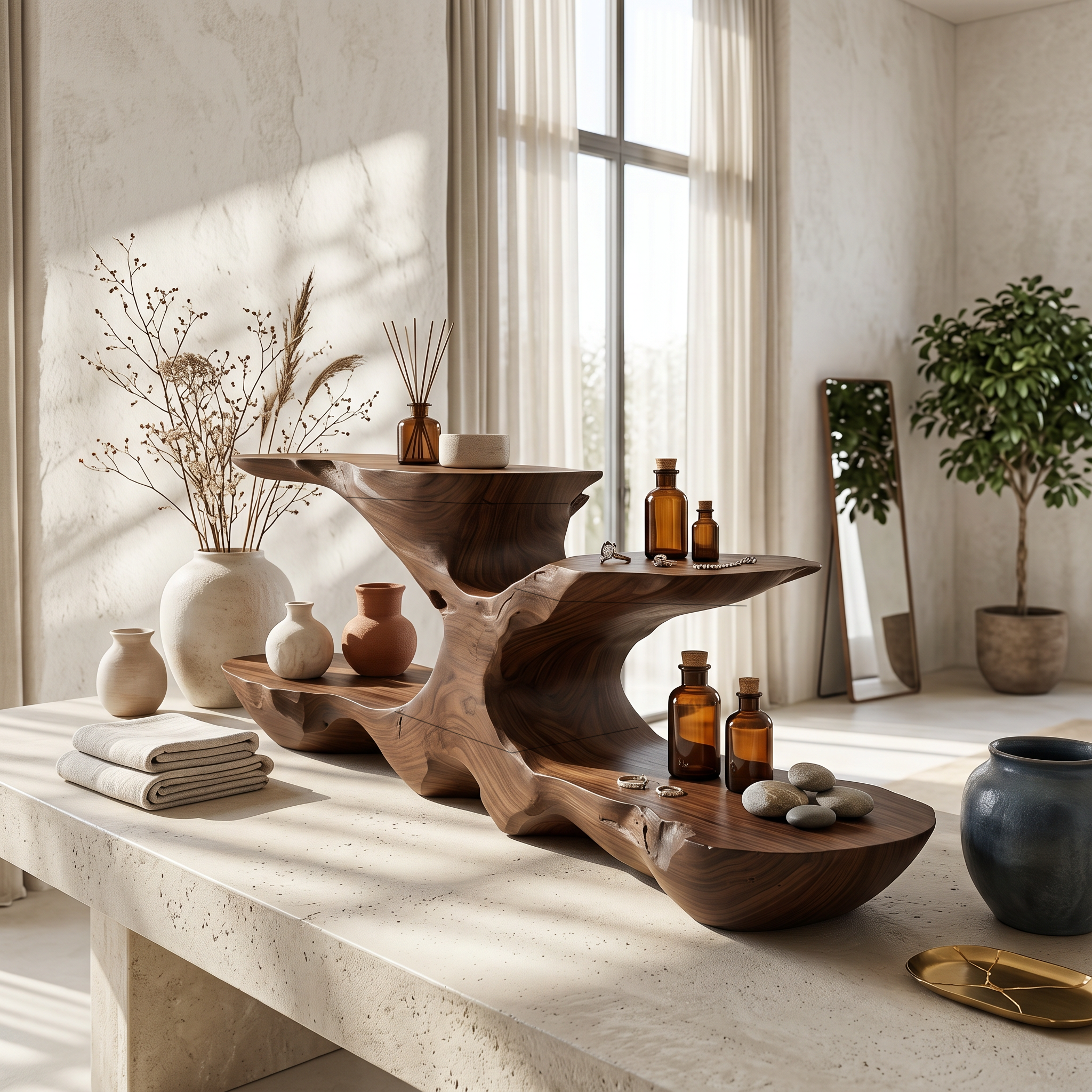 Organic Bathroom Counter Organizer With Sculptural Tiered Shelves